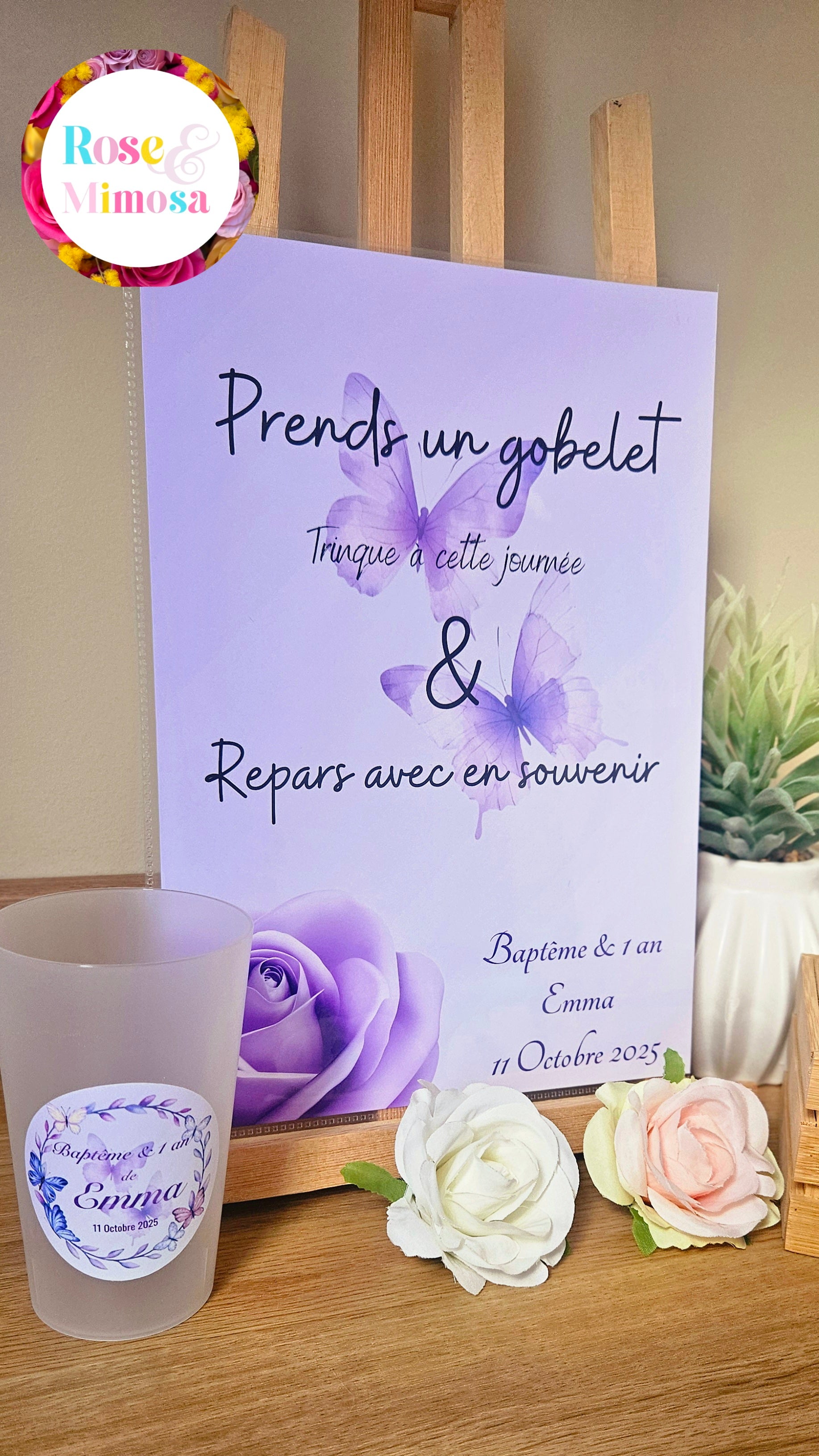 Gobelet Baptême & 1 An Personnalisé – Papillons Violets & Lavande (25 cl)