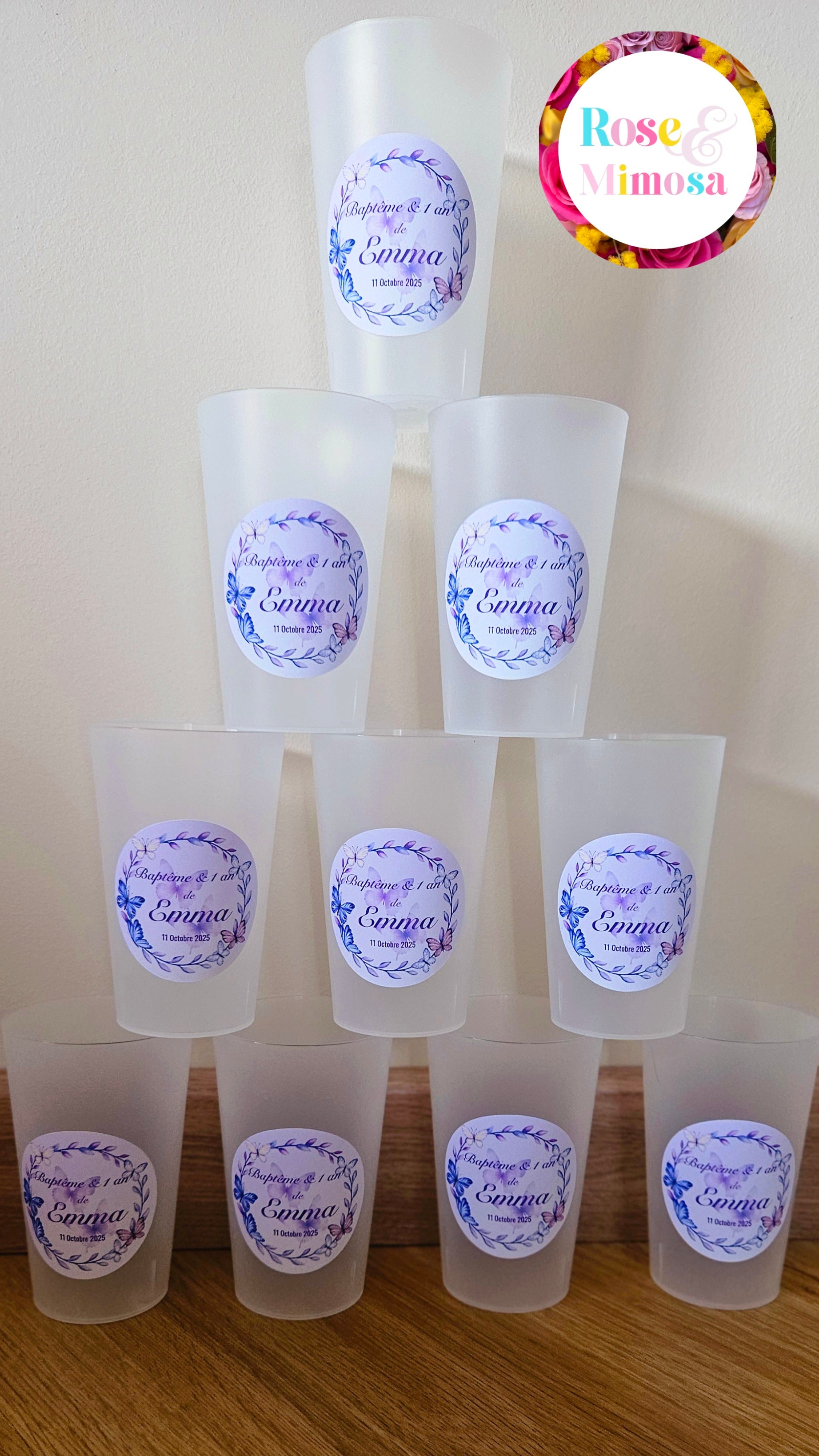 Gobelet Baptême & 1 An Personnalisé – Papillons Violets & Lavande (25 cl)