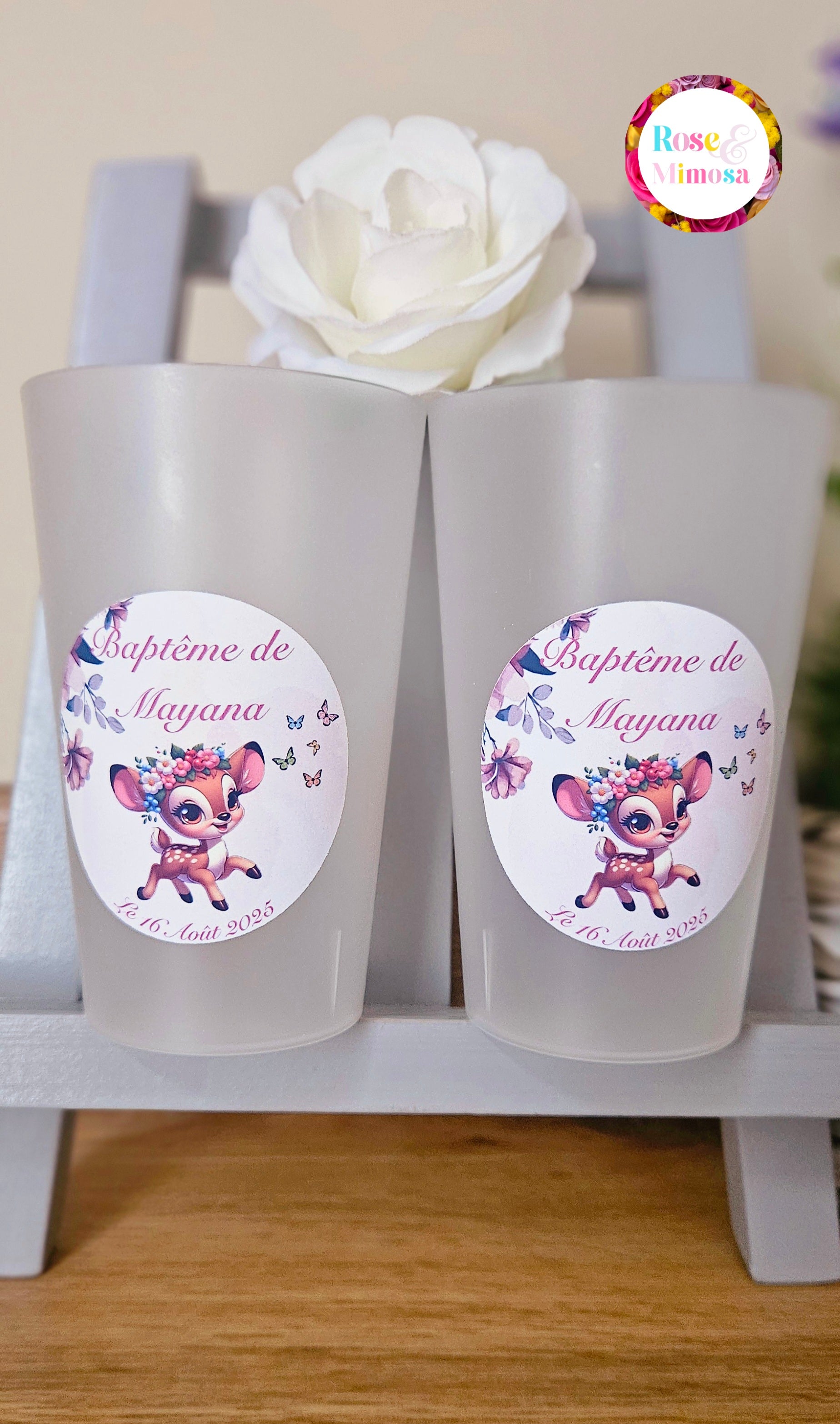 Gobelet Baptême Personnalisé – Faon Fleuri & Papillons (25 cl)