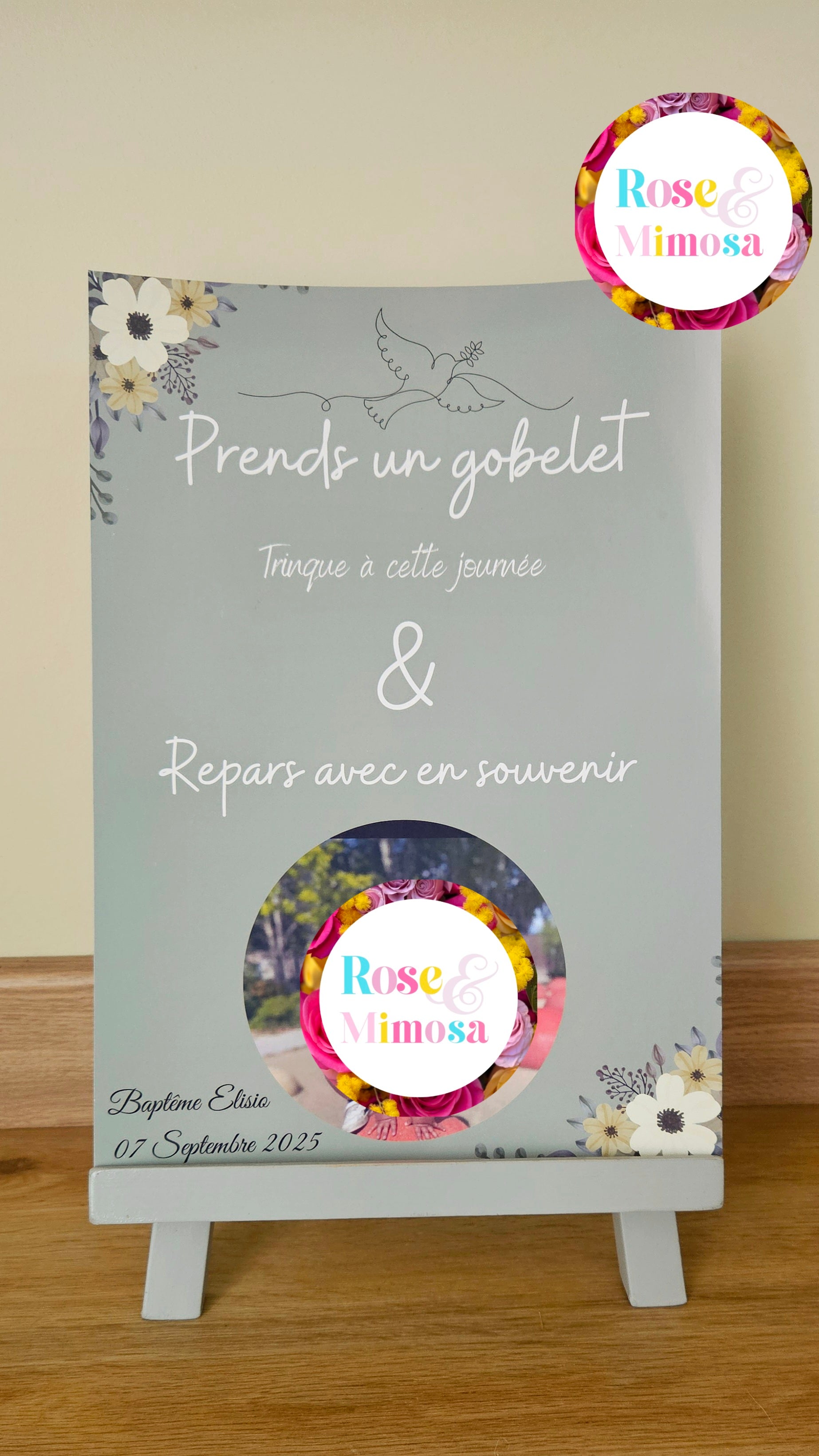 Gobelet Baptême Personnalisé – Colombe, Feuillage & Photo (25 cl)