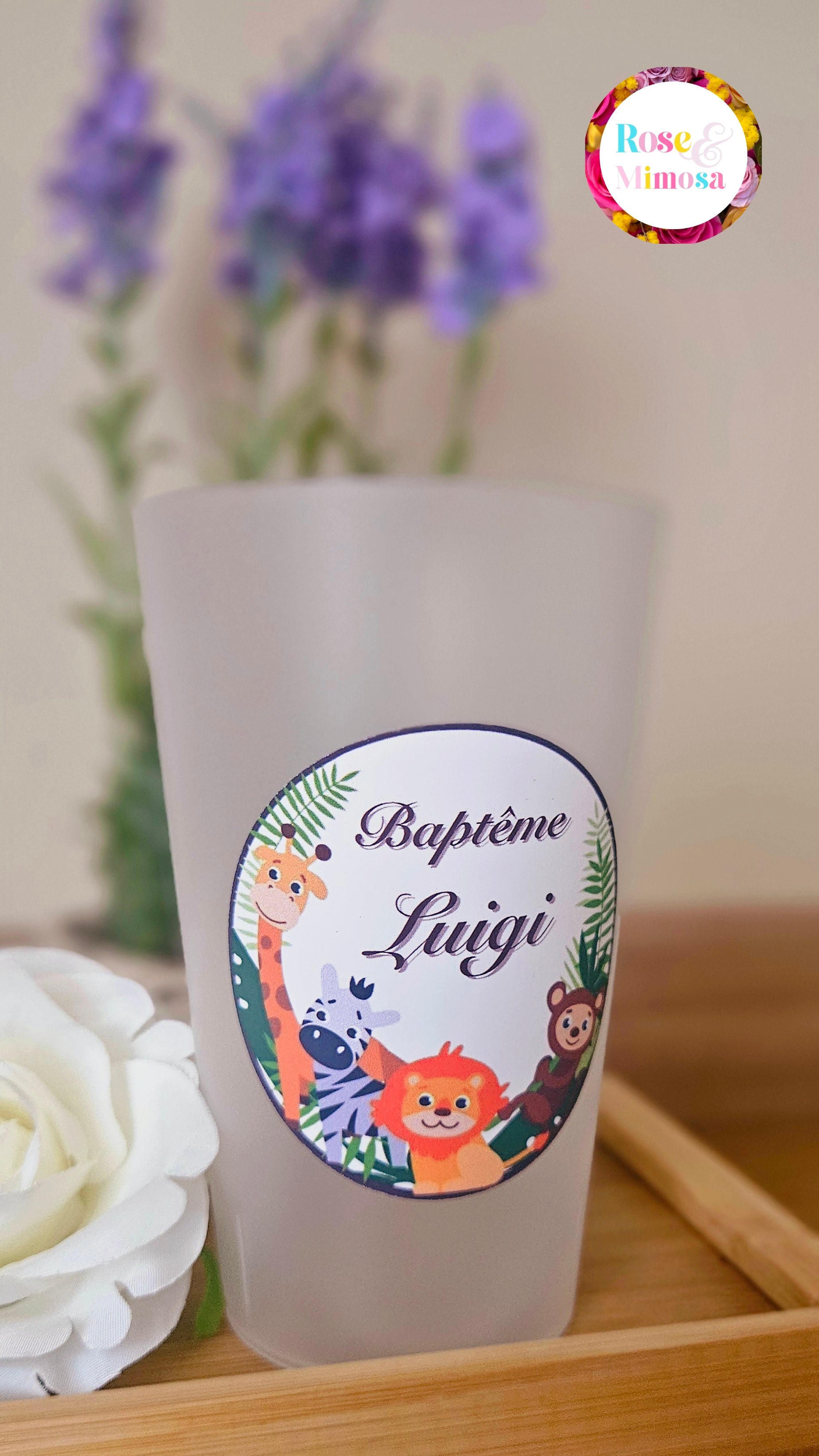 Gobelet Baptême Personnalisé – Animaux de la Jungle (25 cl)
