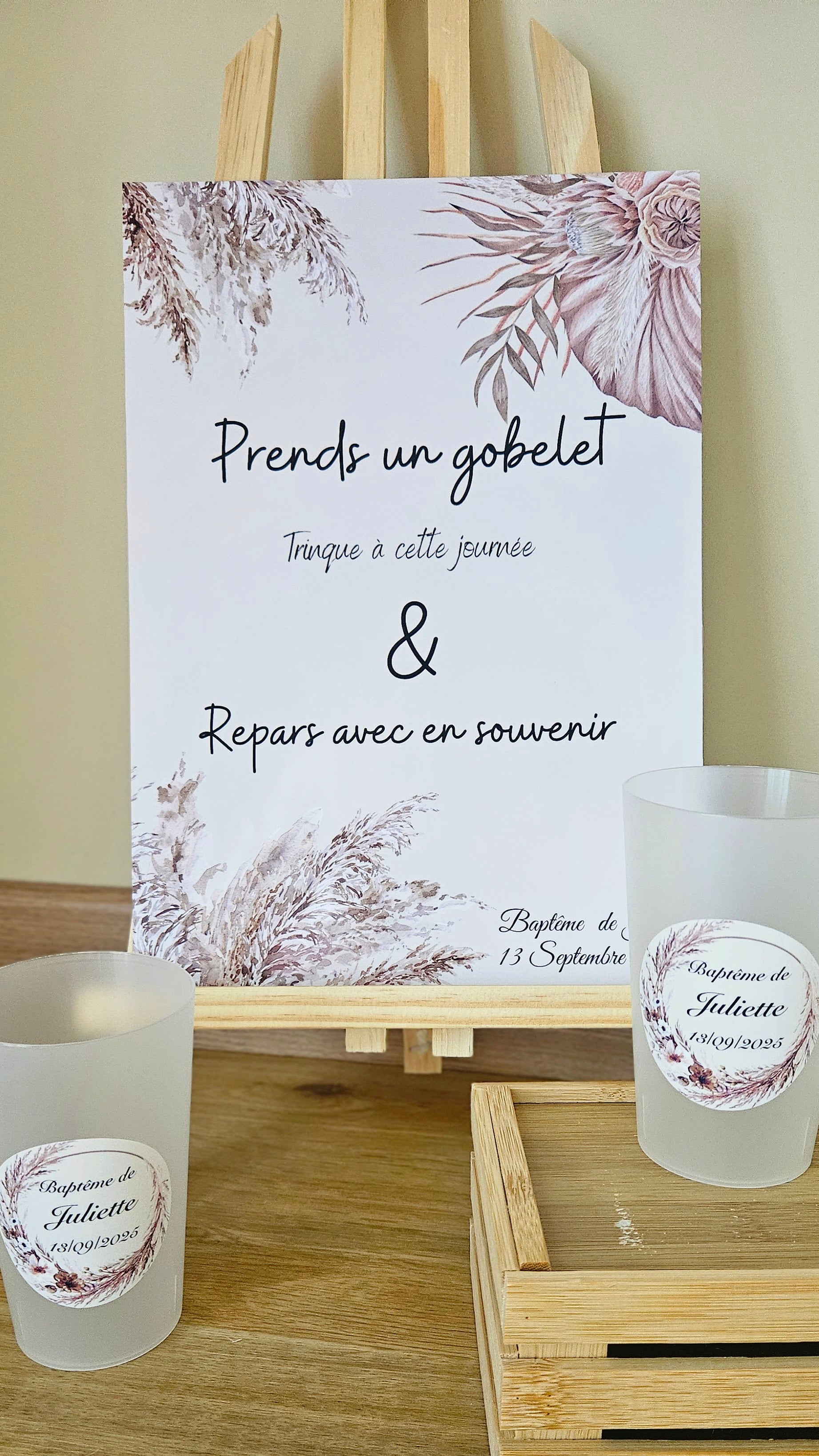 Gobelet baptême – Design bohème & naturel 🌾✨