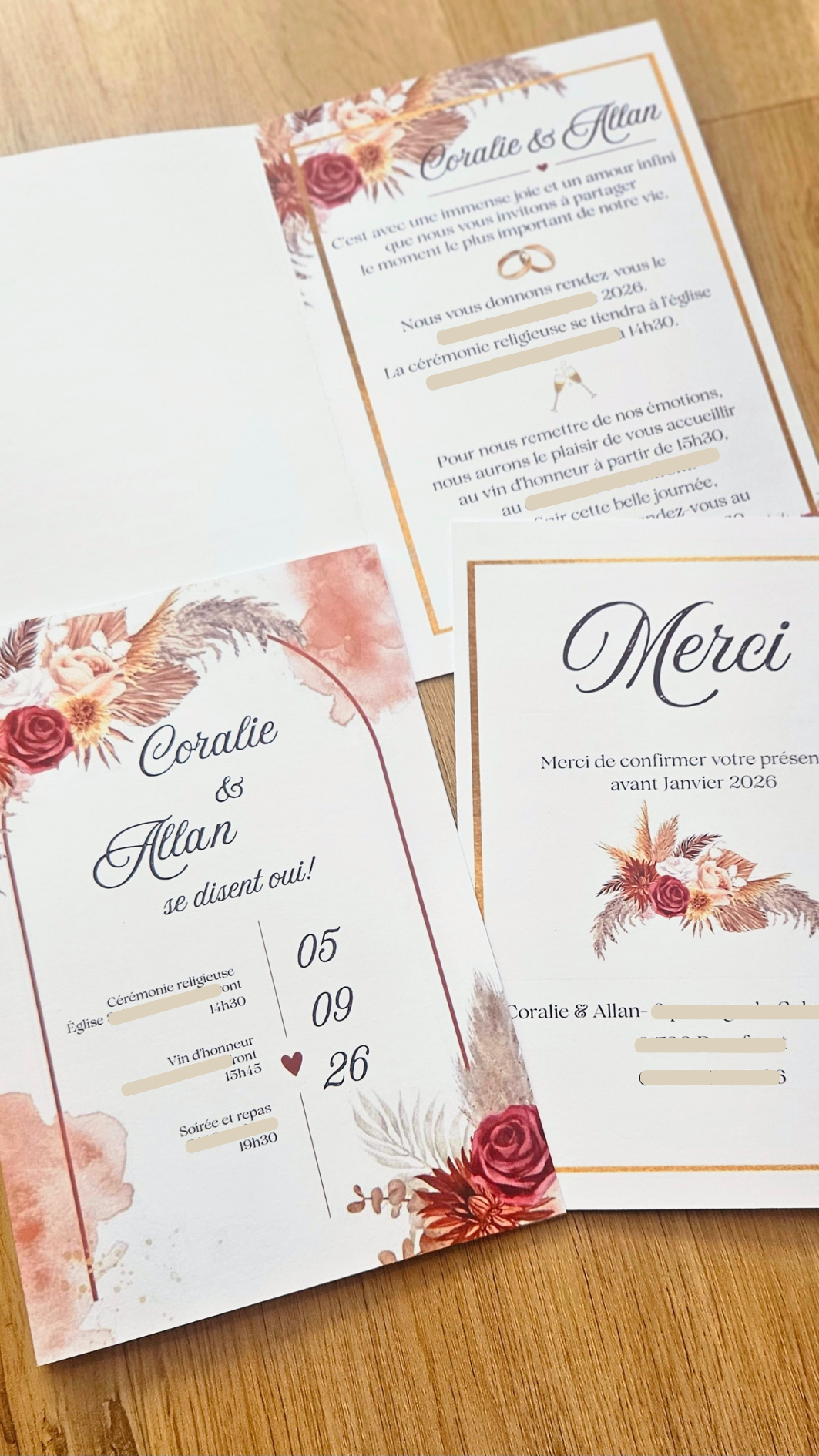 💌 Faire-part de mariage plié floral bohème