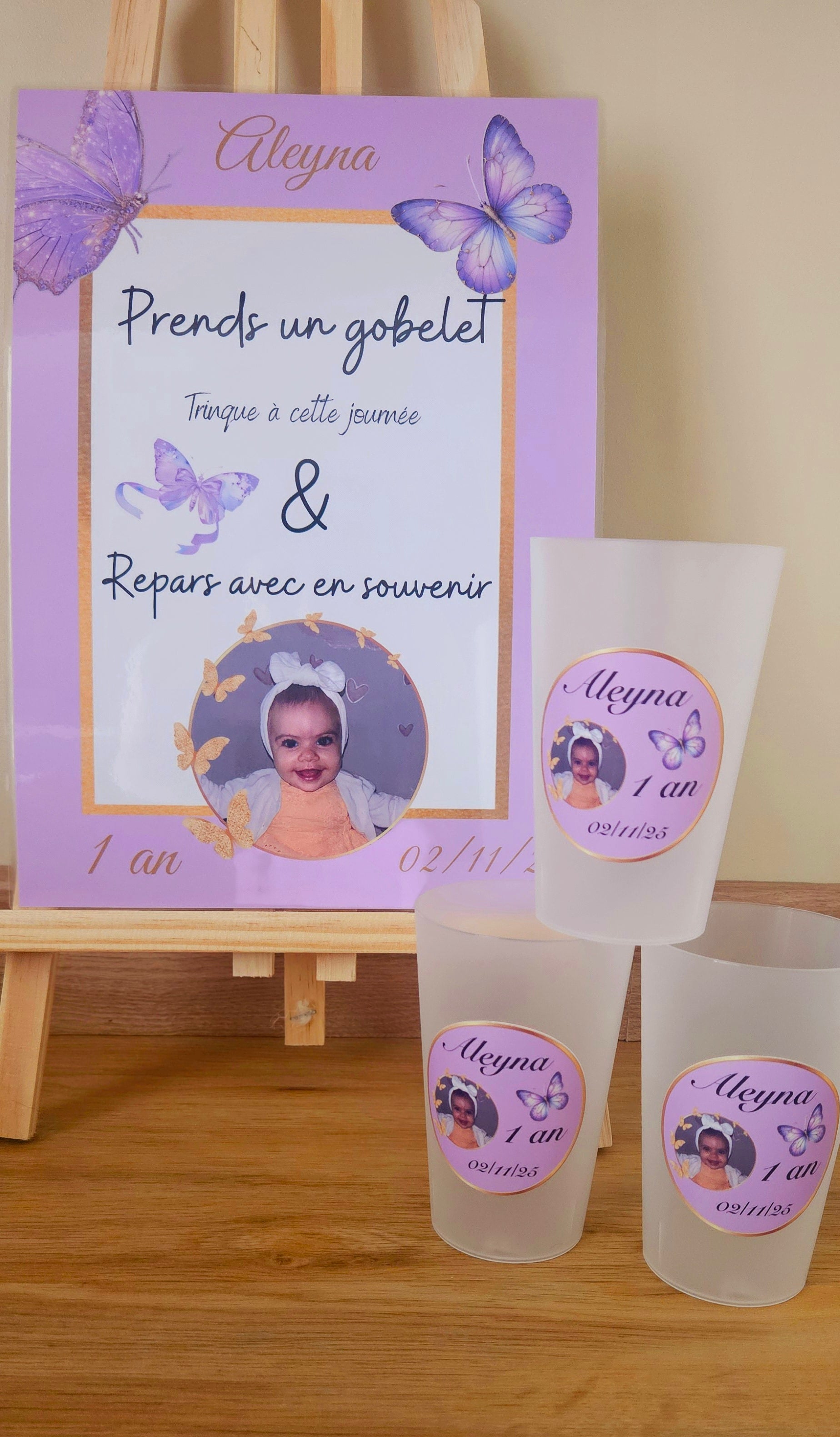 Gobelet anniversaire â Photo, papillons & violet pastel đŠ