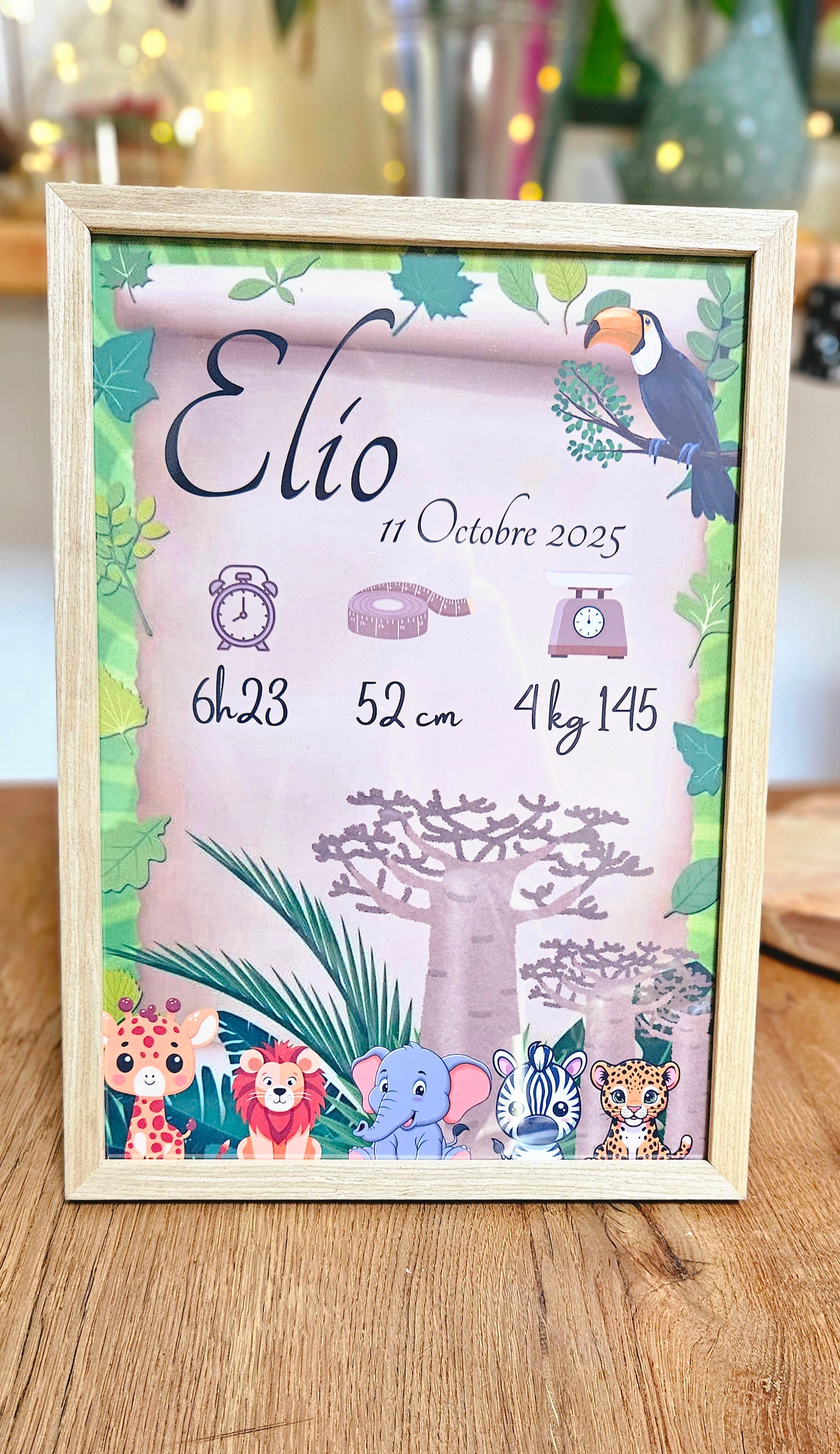 ✨ Cadre Naissance Personnalisé – Modèle Safari (24×32 cm) ✨