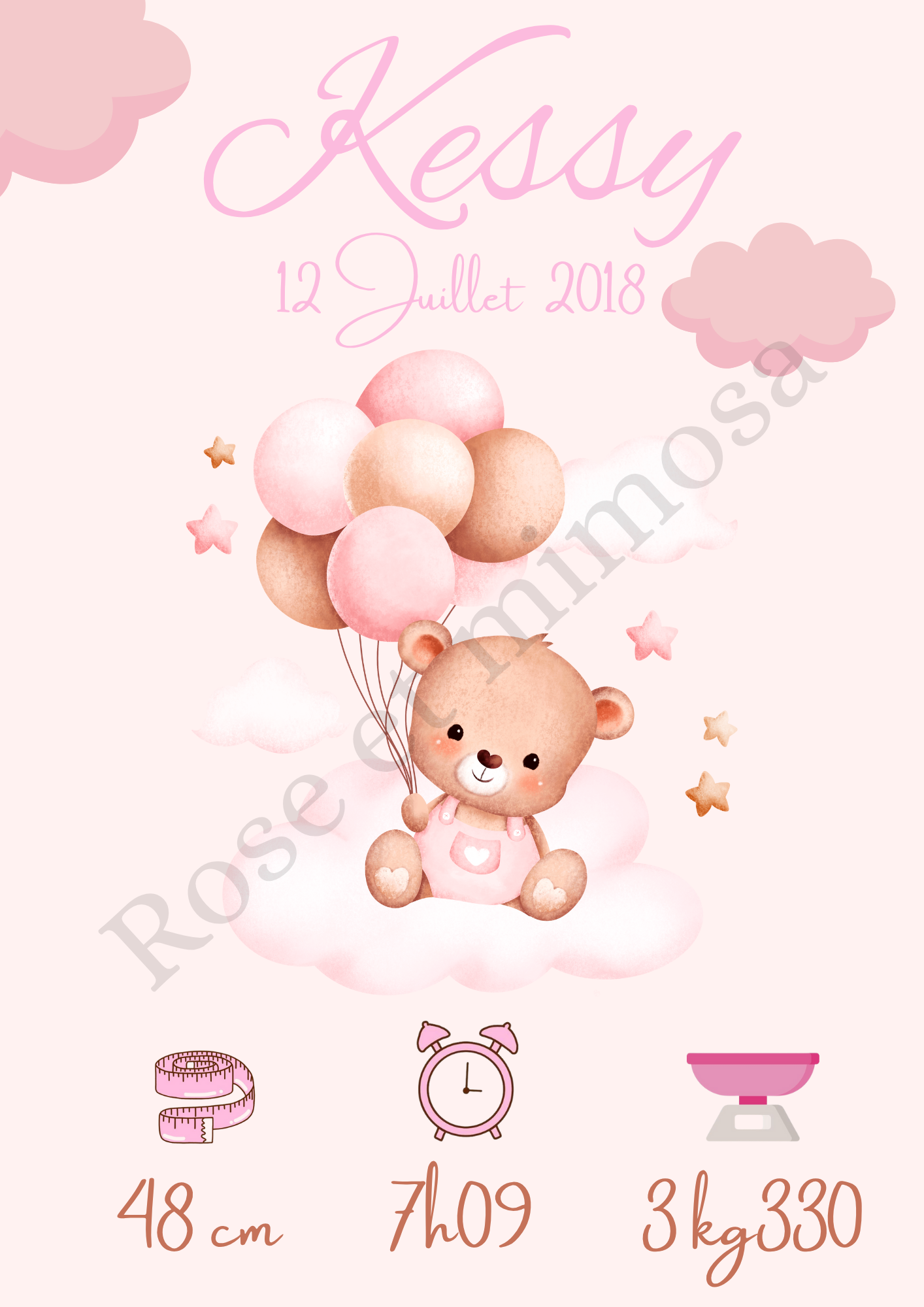 🧸 Affiche de naissance – Modèle Ourson rose & ballons