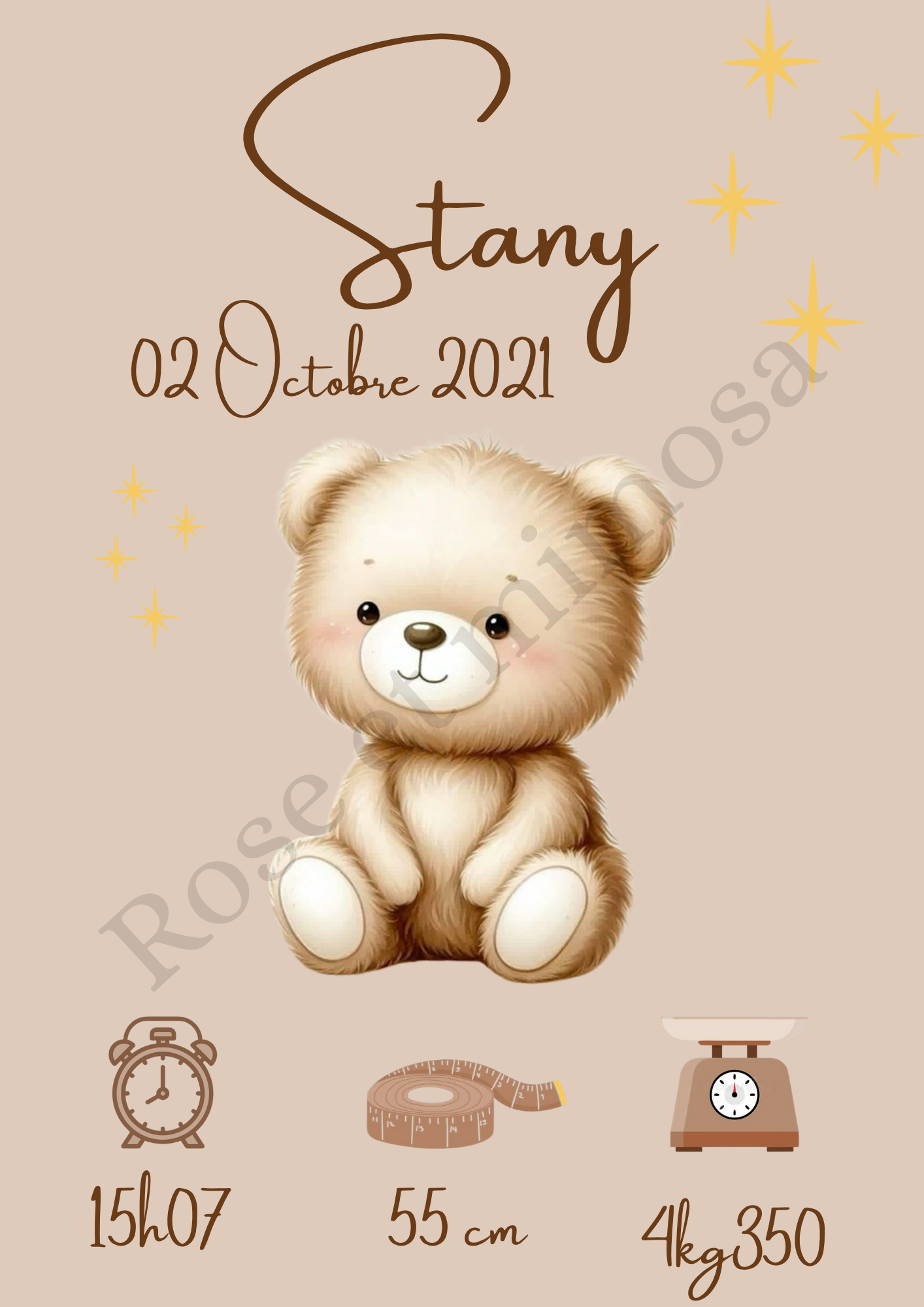 🧸 Affiche de naissance – Modèle Ours beige & étoiles