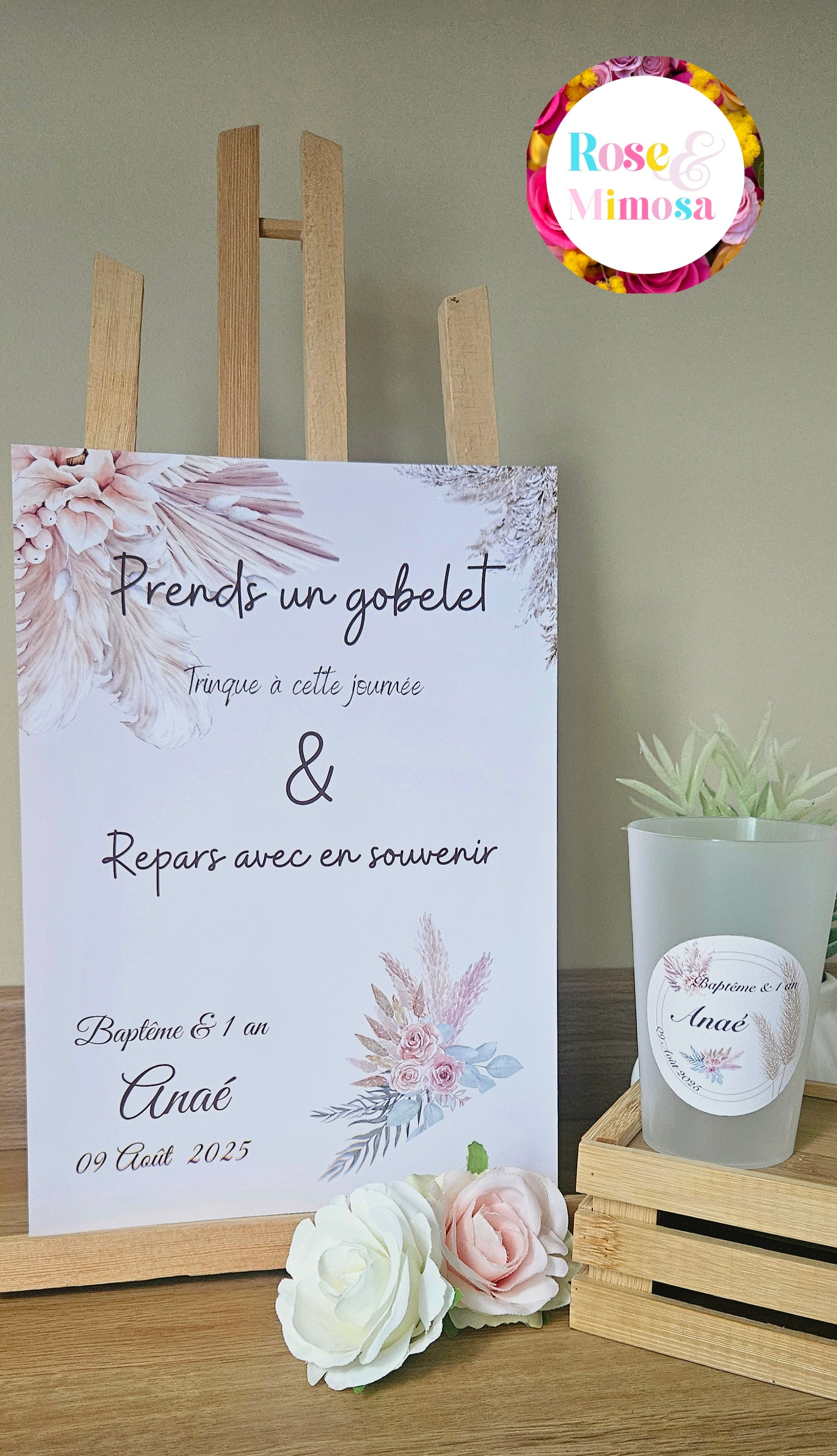 Gobelet Baptême & 1 An Personnalisé – Fleurs Séchées & Herbes de la Pampa (25 cl)