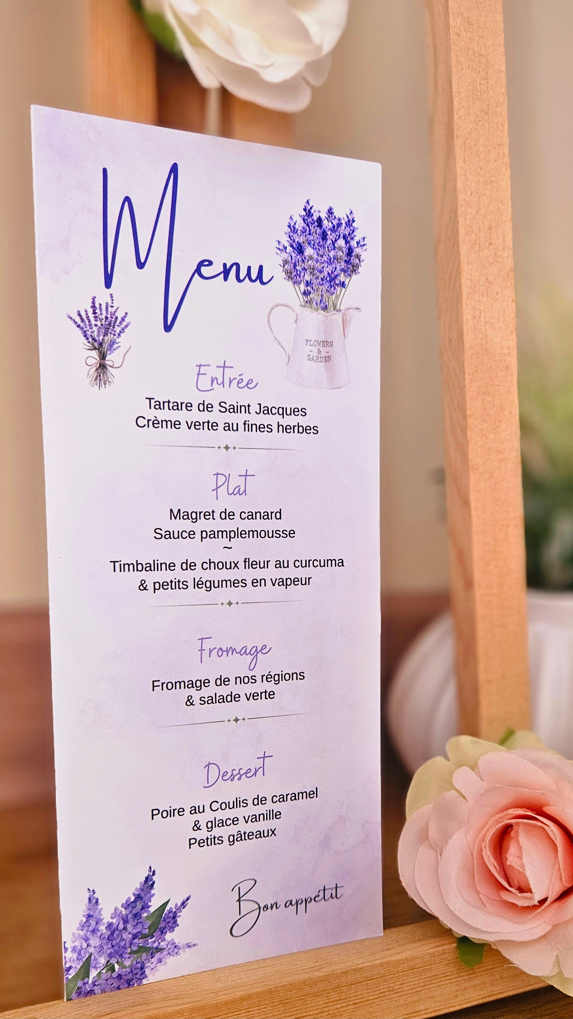 Menu événementiel – Thème Lavande | Format 21×9 cm | Papier rigide 230g