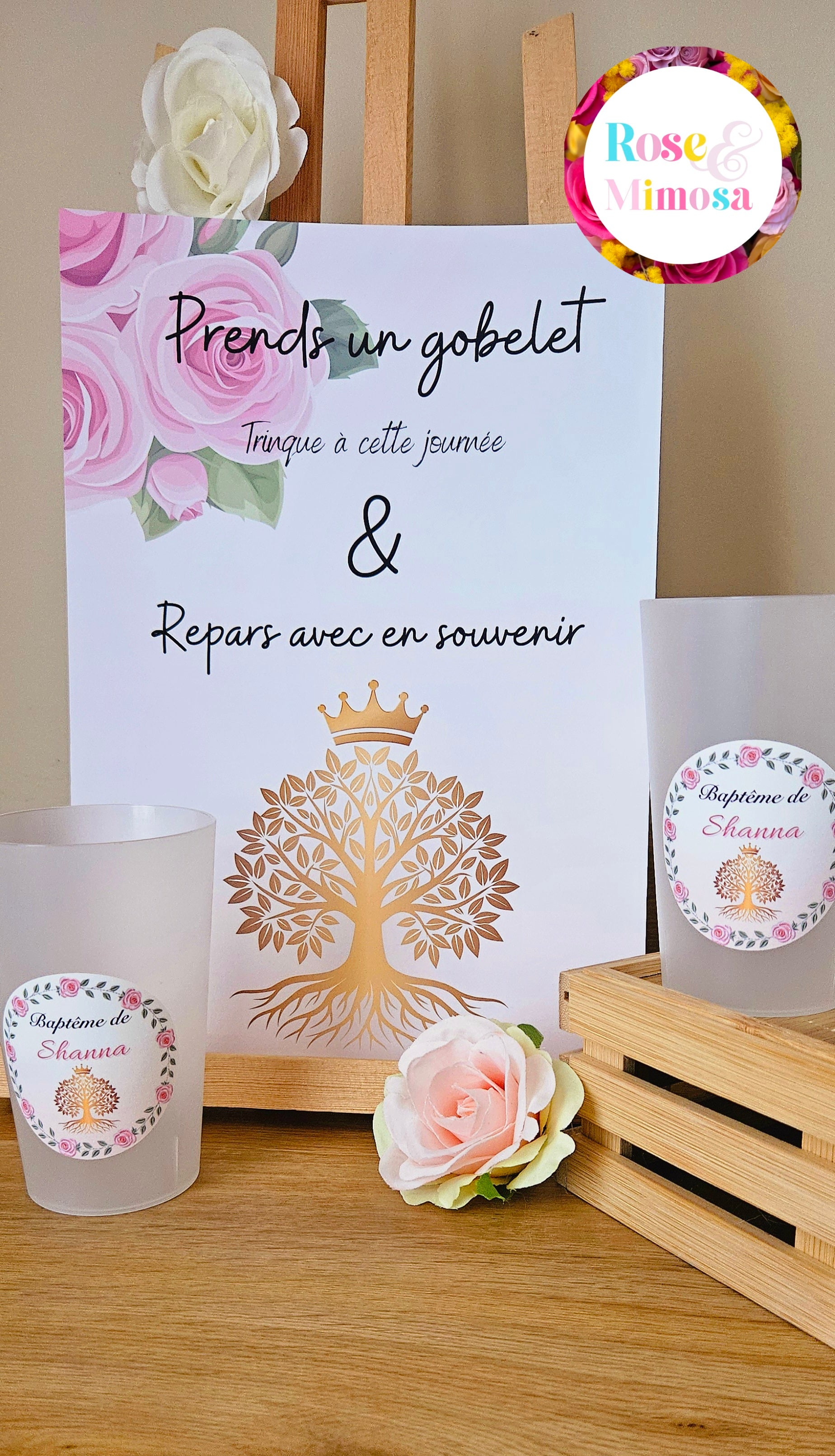 Gobelet Baptême Personnalisé – Arbre de Vie & Fleurs Roses (25 cl)
