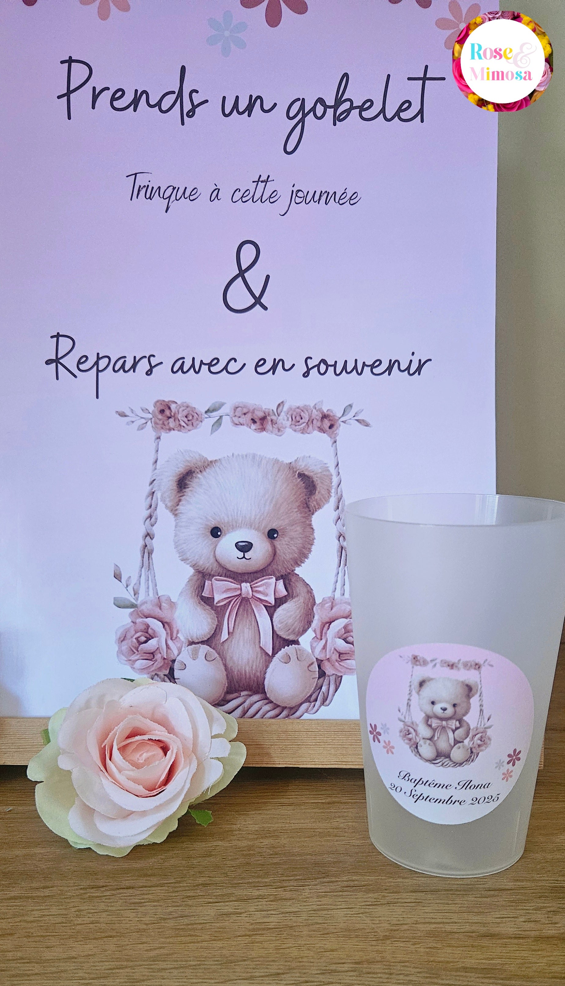 Gobelet Baptême Personnalisé – Ourson Fille (25 cl)