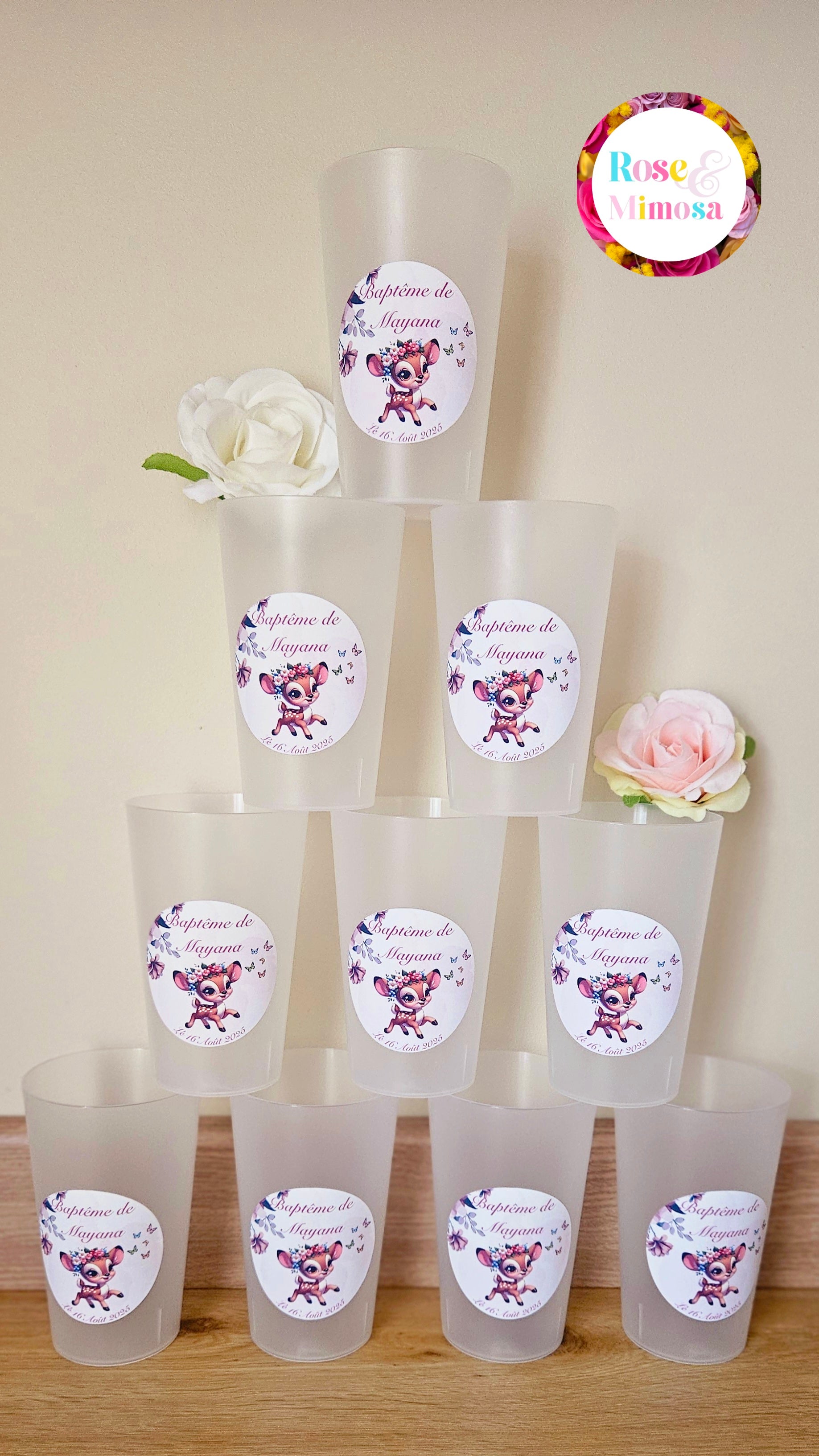 Gobelet Baptême Personnalisé – Faon Fleuri & Papillons (25 cl)