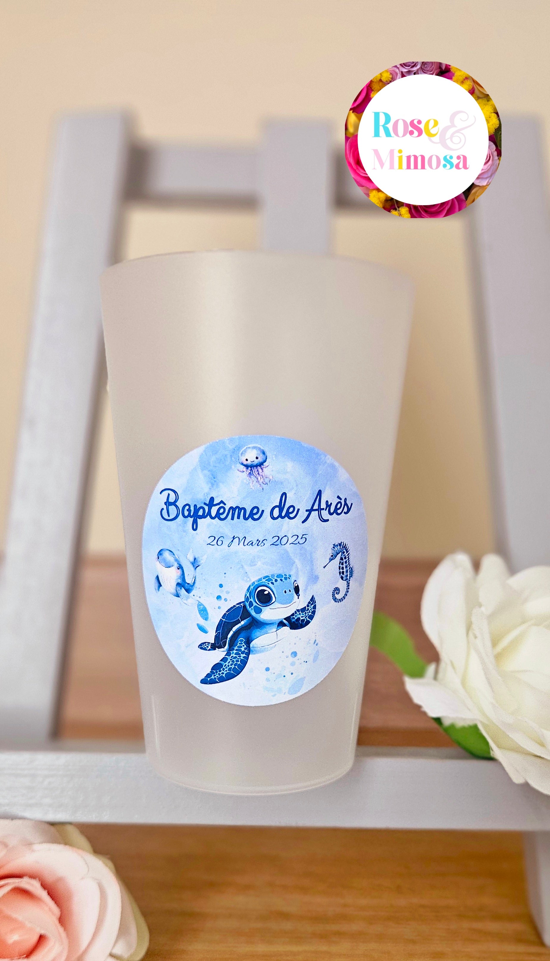 Gobelet Baptême Personnalisé – Thème Océan & Tortue (25 cl)