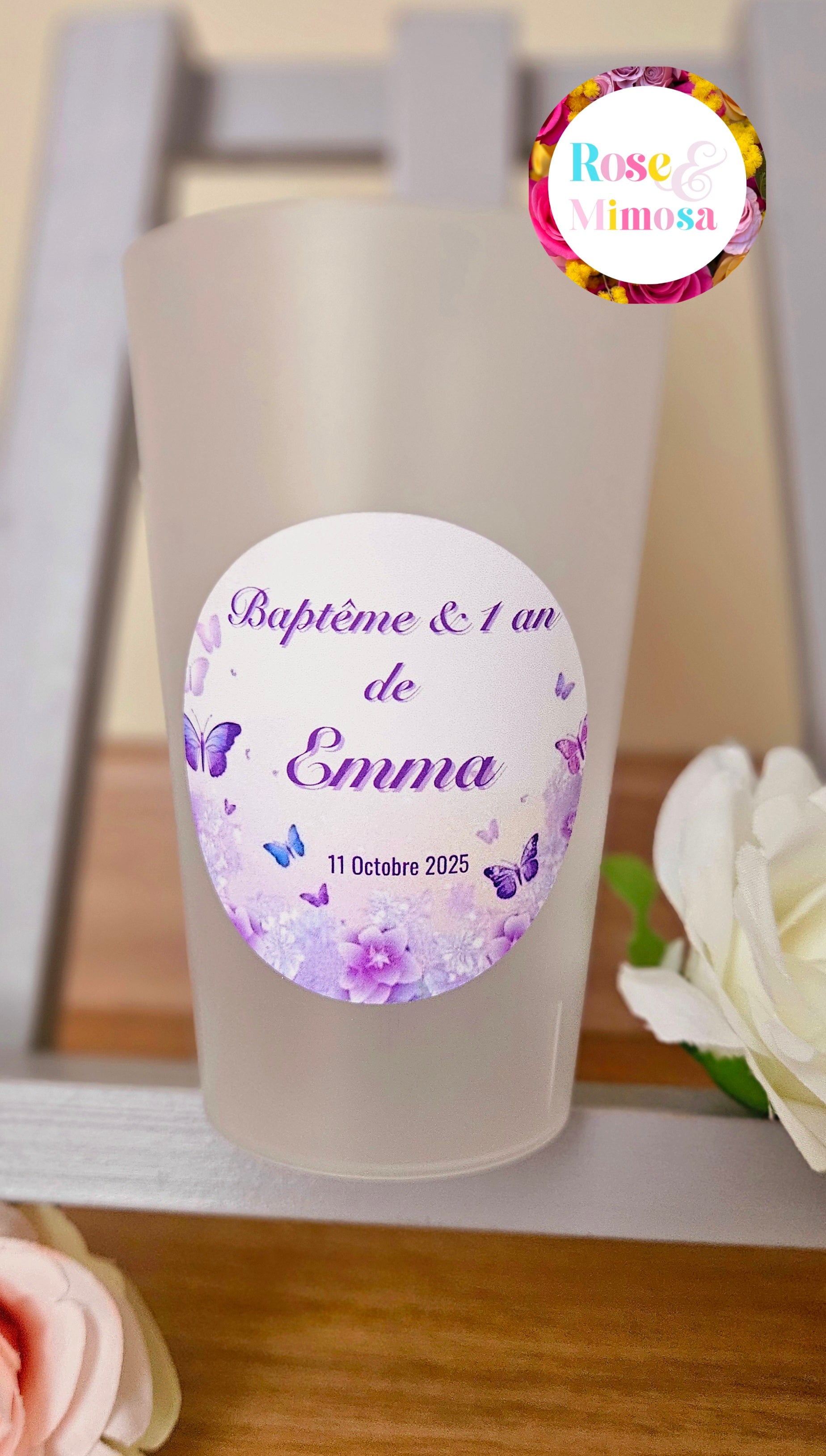 Gobelet Baptême & 1 An Personnalisé – Papillons Violets & Fleurs Lavande (25 cl)