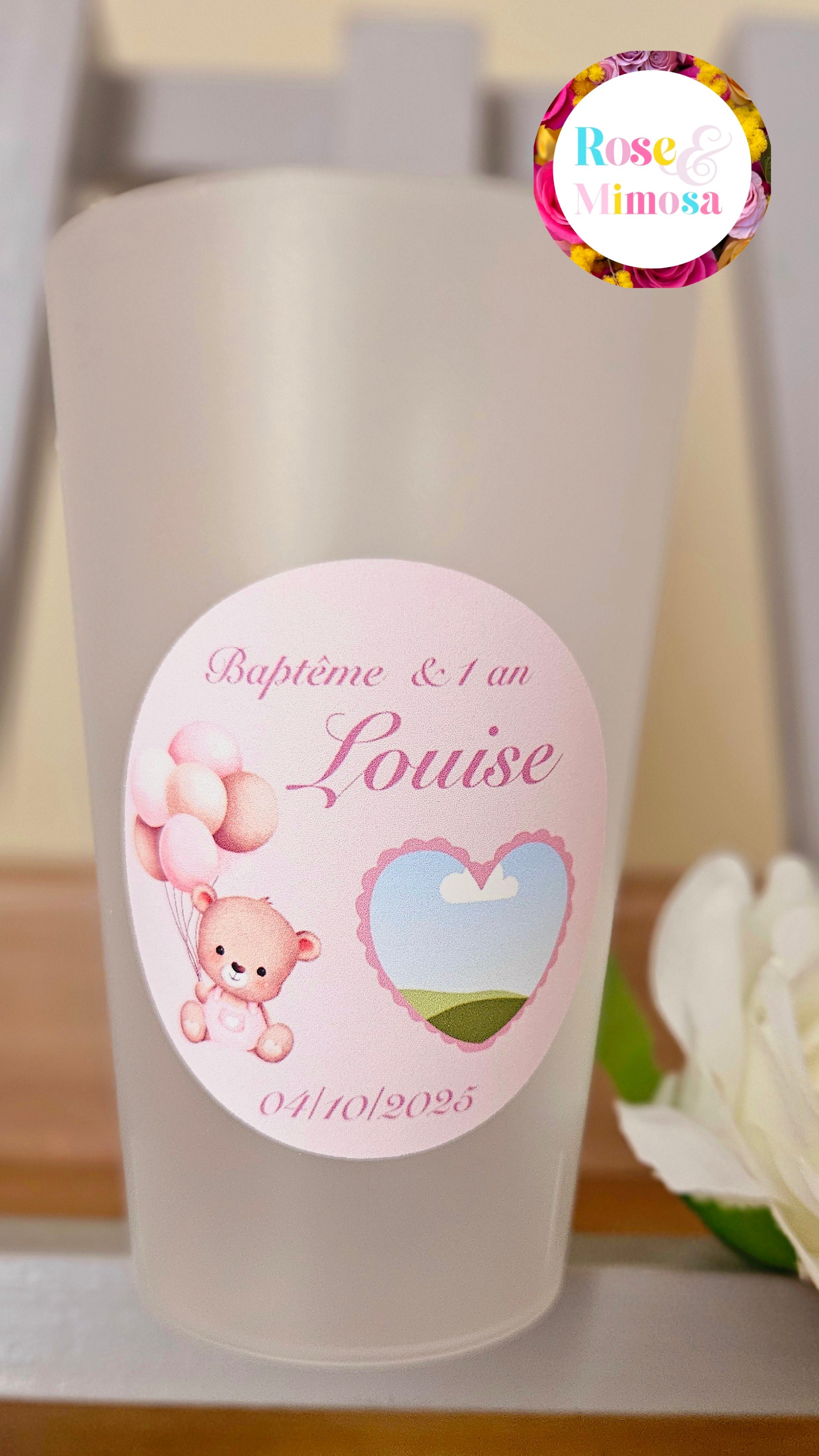 Gobelet Baptême Personnalisé – Ours Rose avec Cœur Photo (25 cl)