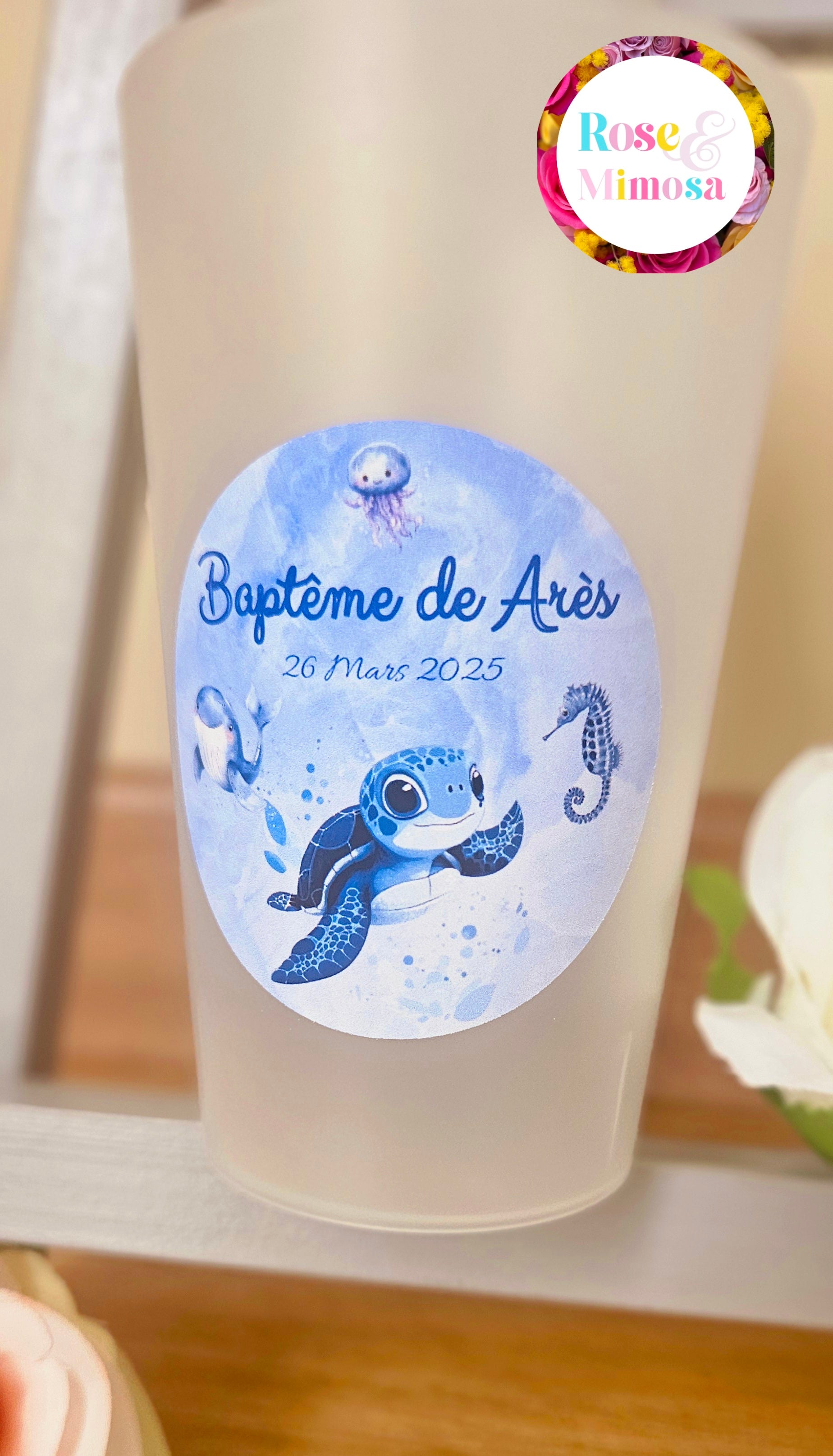 Gobelet Baptême Personnalisé – Thème Océan & Tortue (25 cl)