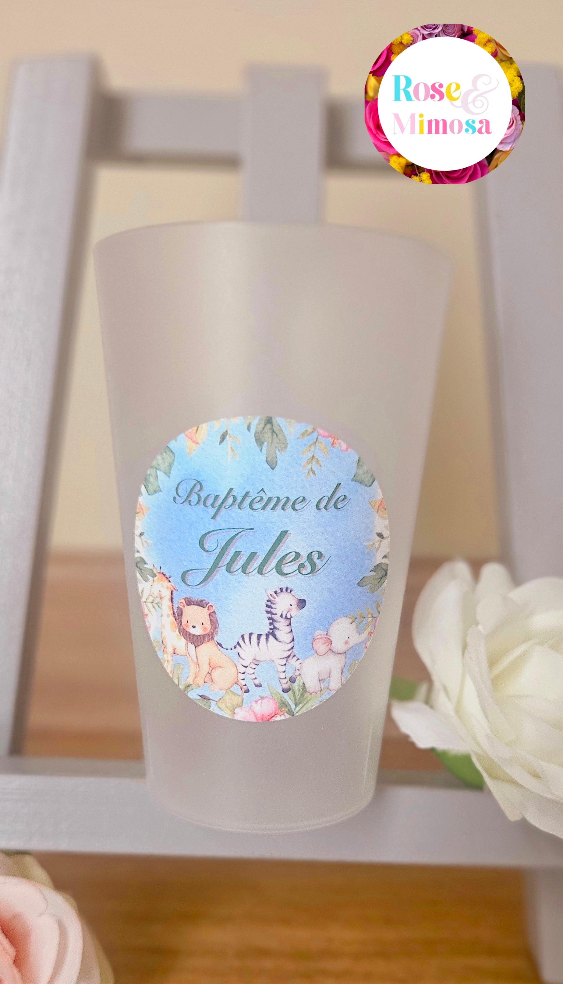 Gobelet Baptême Personnalisé – Animaux de la Jungle Pastel (25 cl)
