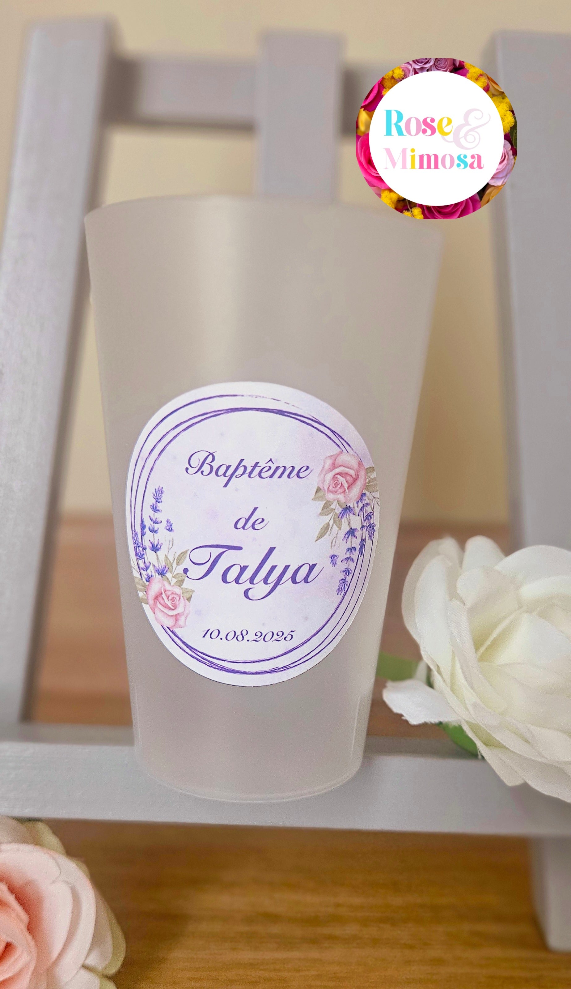 Gobelet Baptême Personnalisé – Fleurs Lavande & Roses Roses (25 cl)