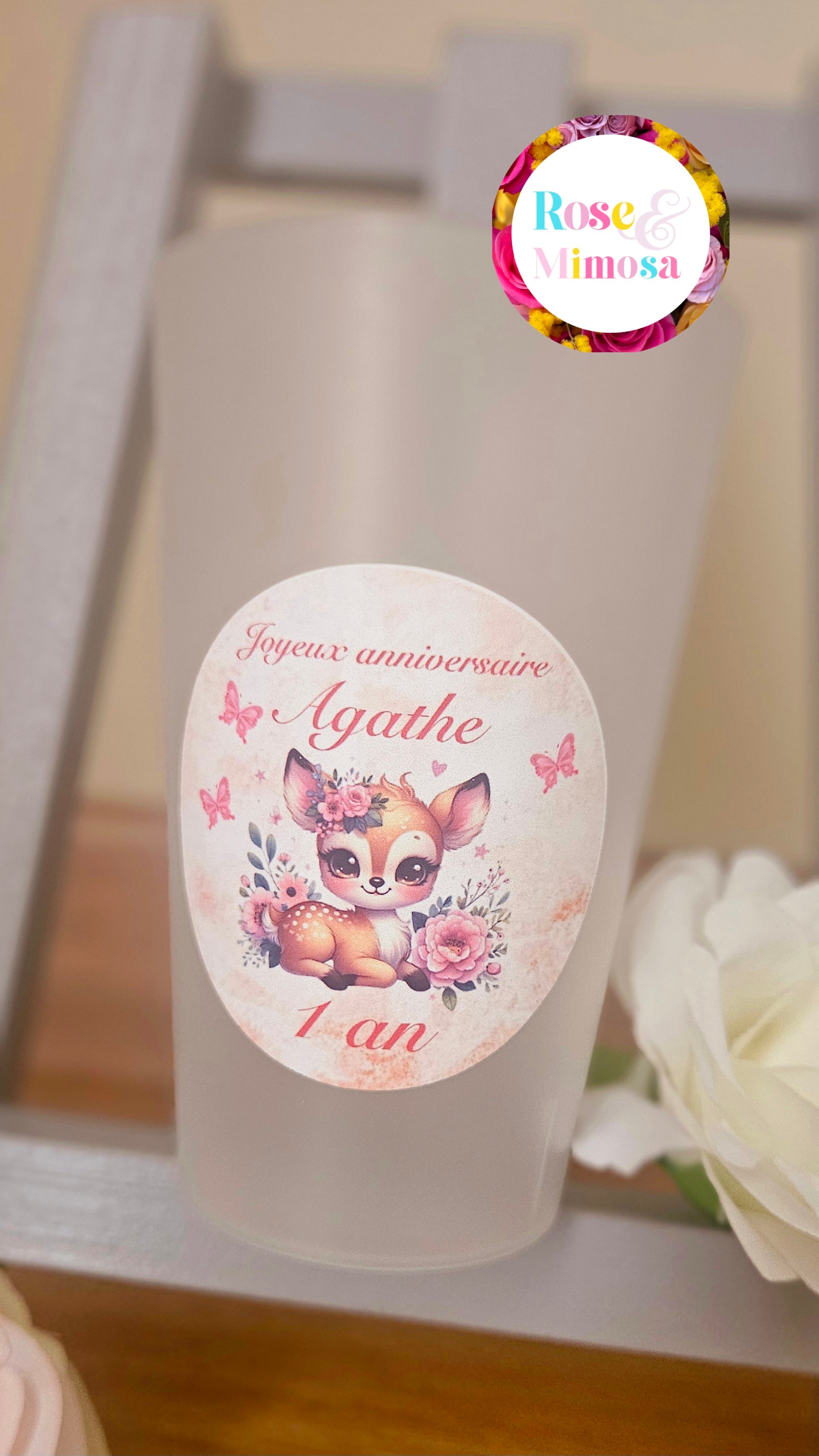 Gobelet Anniversaire Personnalisé – Faon & Fleurs Roses (25 cl)