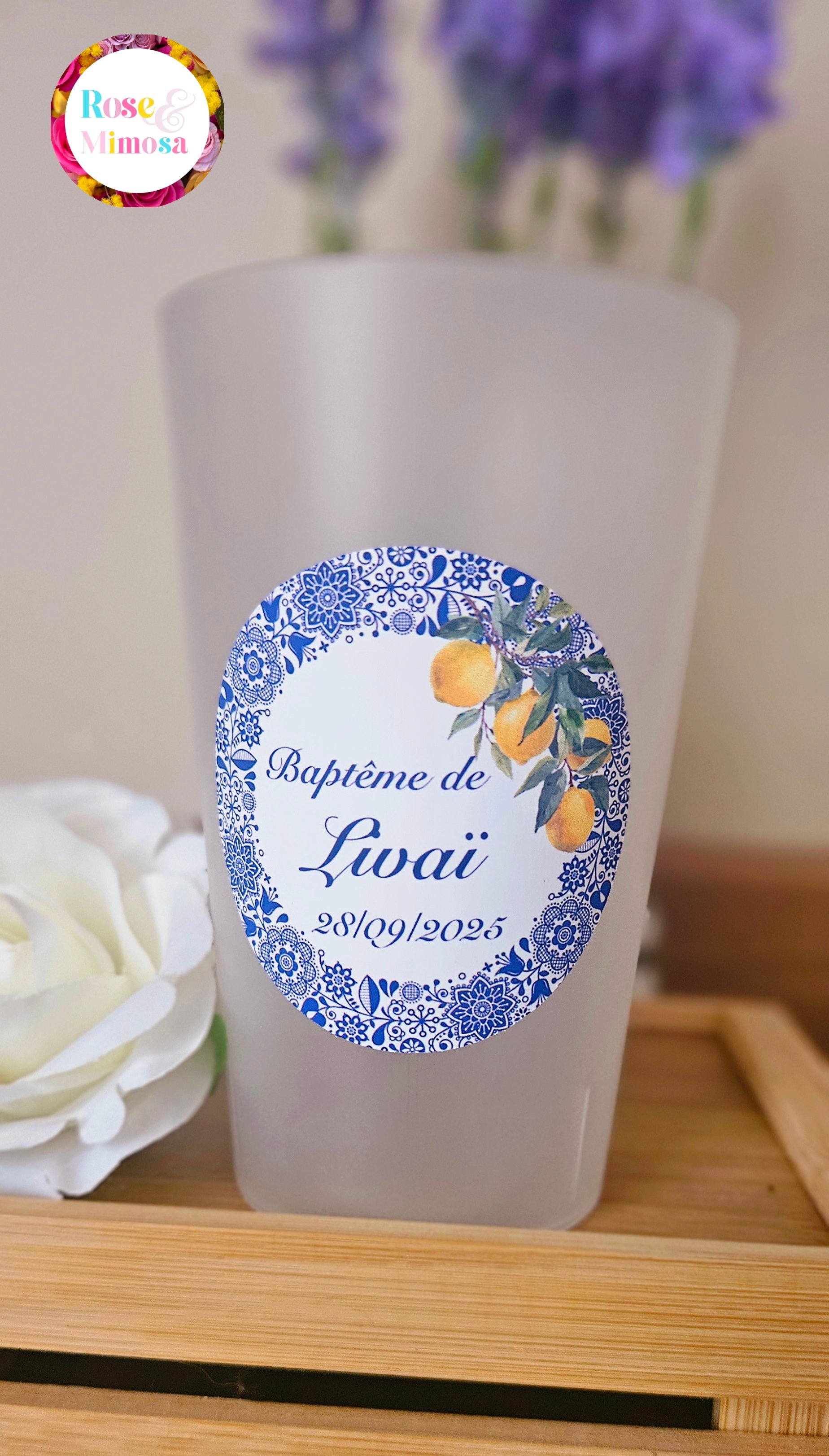 Gobelet Baptême Personnalisé – Citron & Faïence Bleue (25 cl)