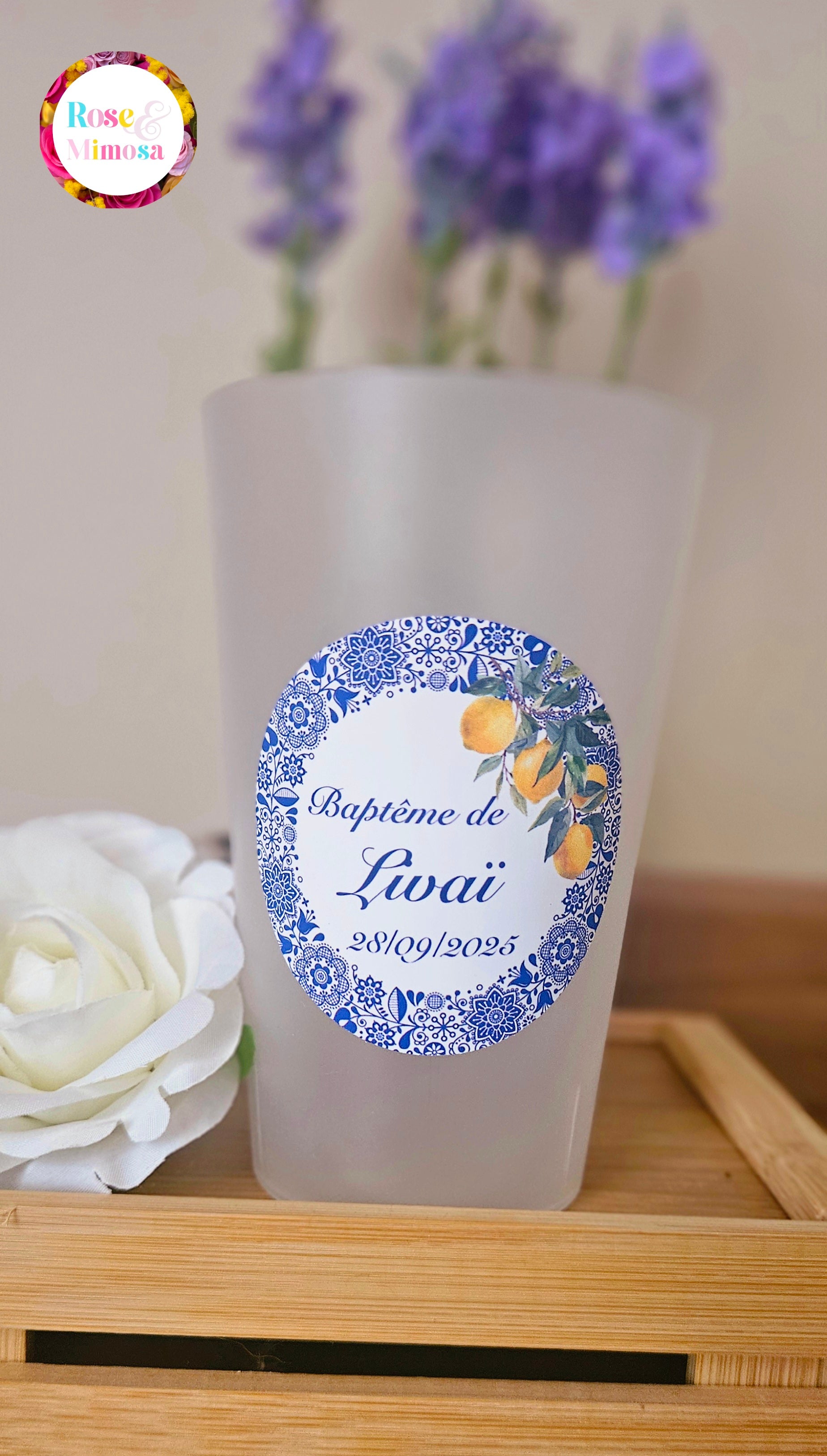 Gobelet Baptême Personnalisé – Citron & Faïence Bleue (25 cl)