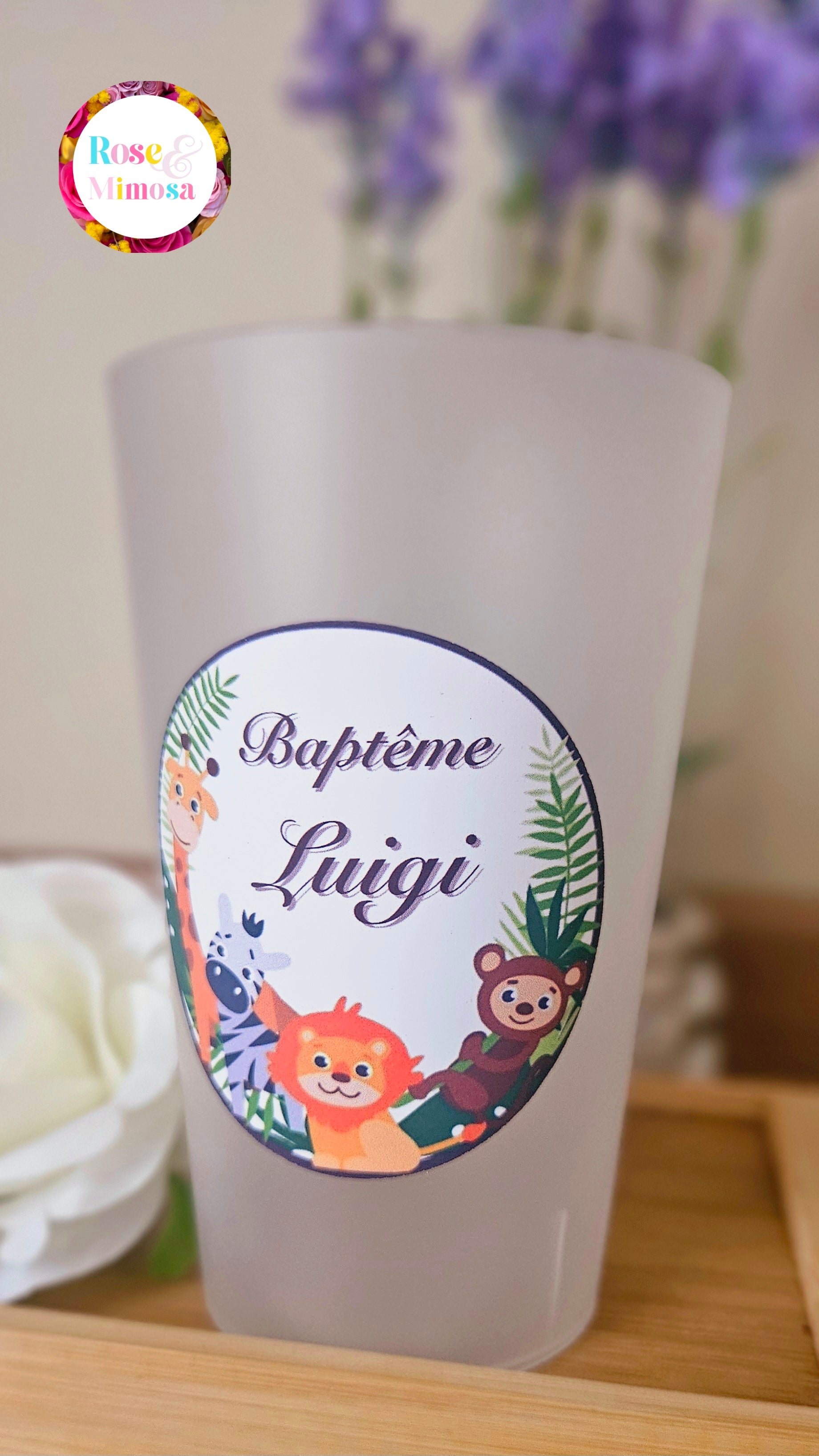 Gobelet Baptême Personnalisé – Animaux de la Jungle (25 cl)