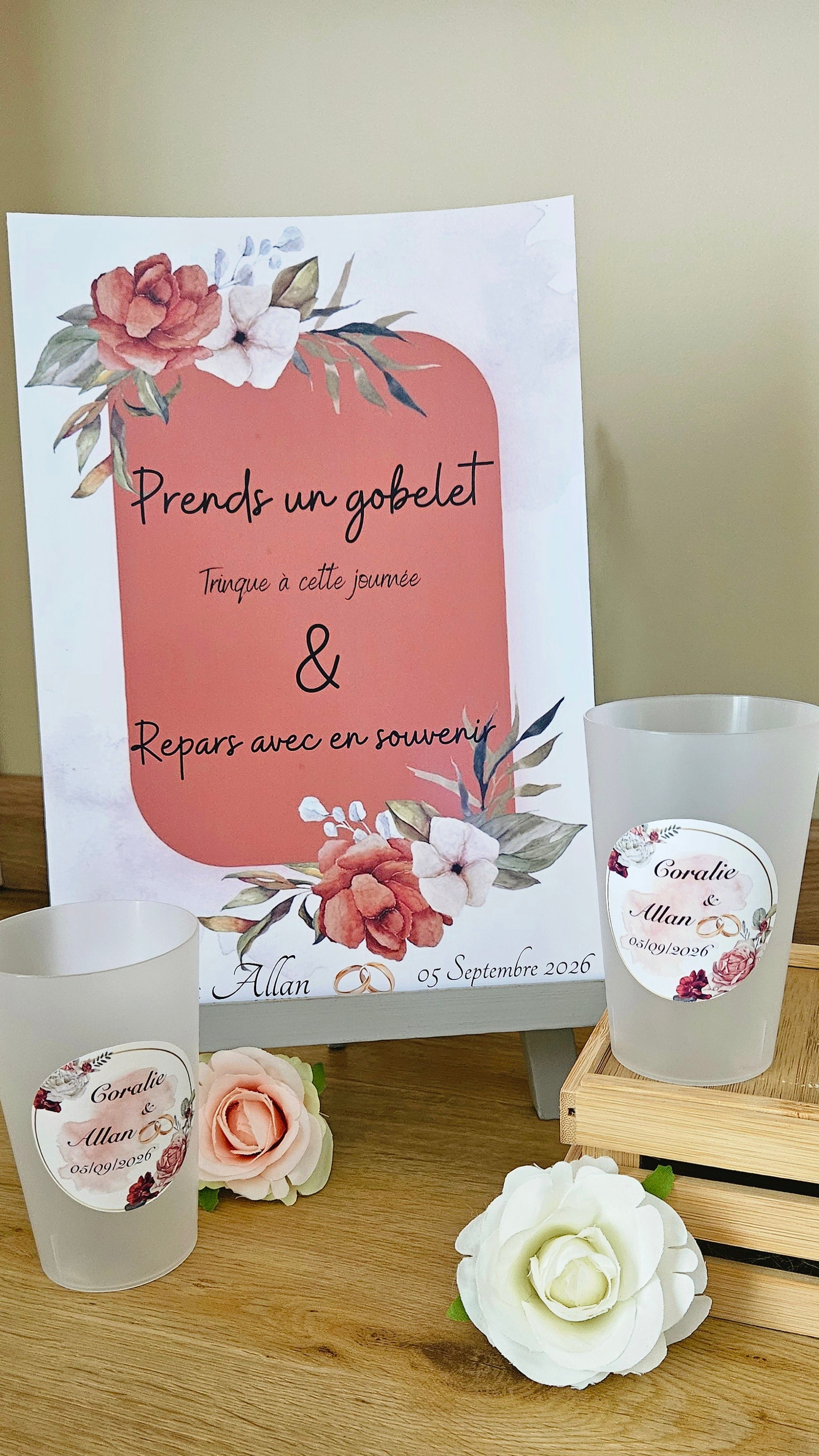 Gobelet mariage – Design floral terracotta & doré 🌿💍