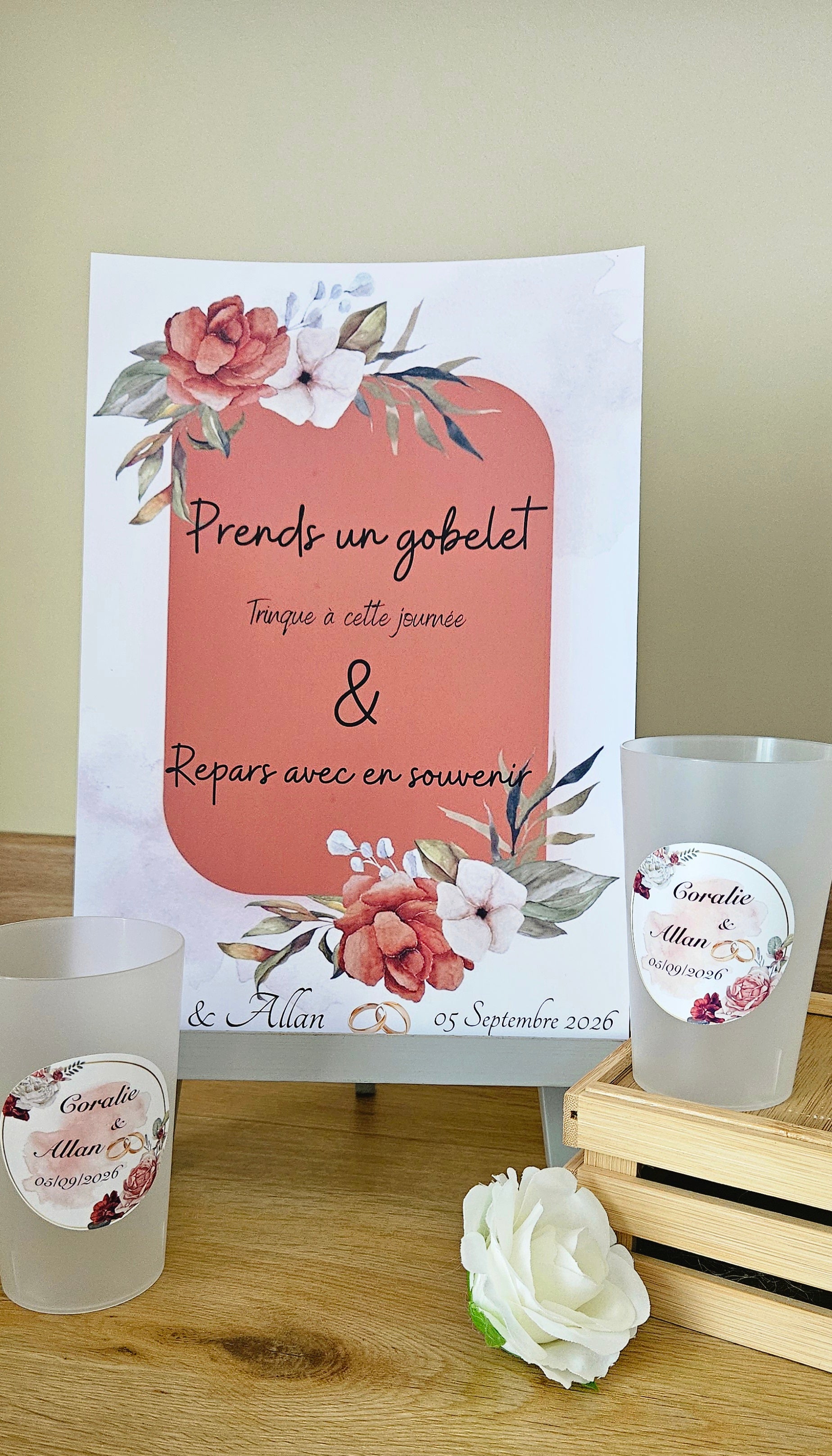 Gobelet mariage – Design floral terracotta & doré 🌿💍