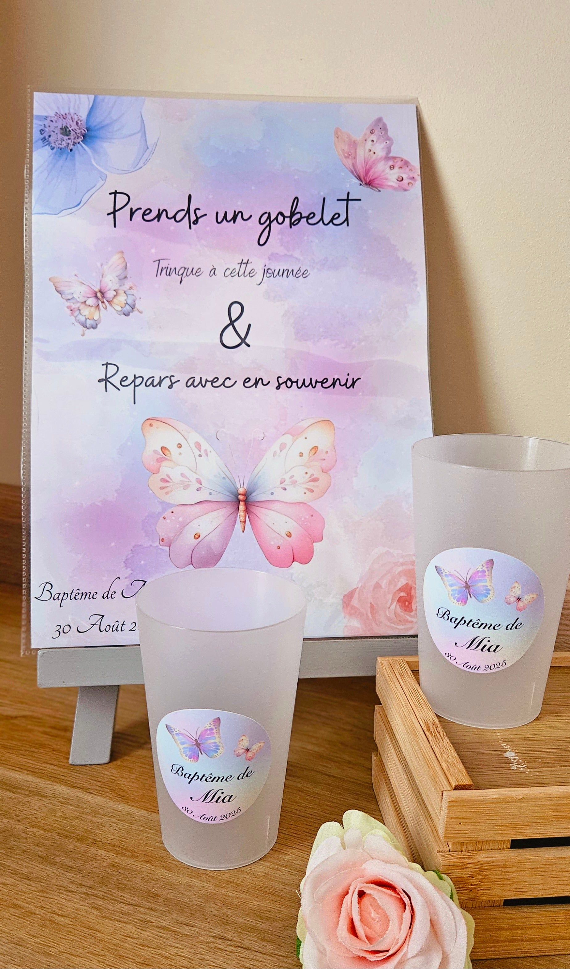 Gobelet baptême – Thème papillons & aquarelle pastel 🦋🎨
