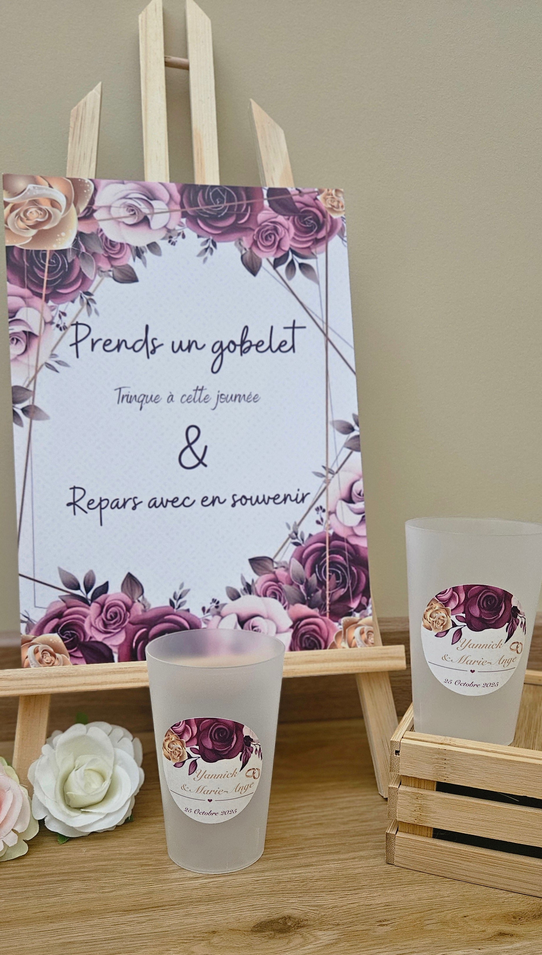 Gobelet mariage – Motif fleuri & romantique 🌹✨