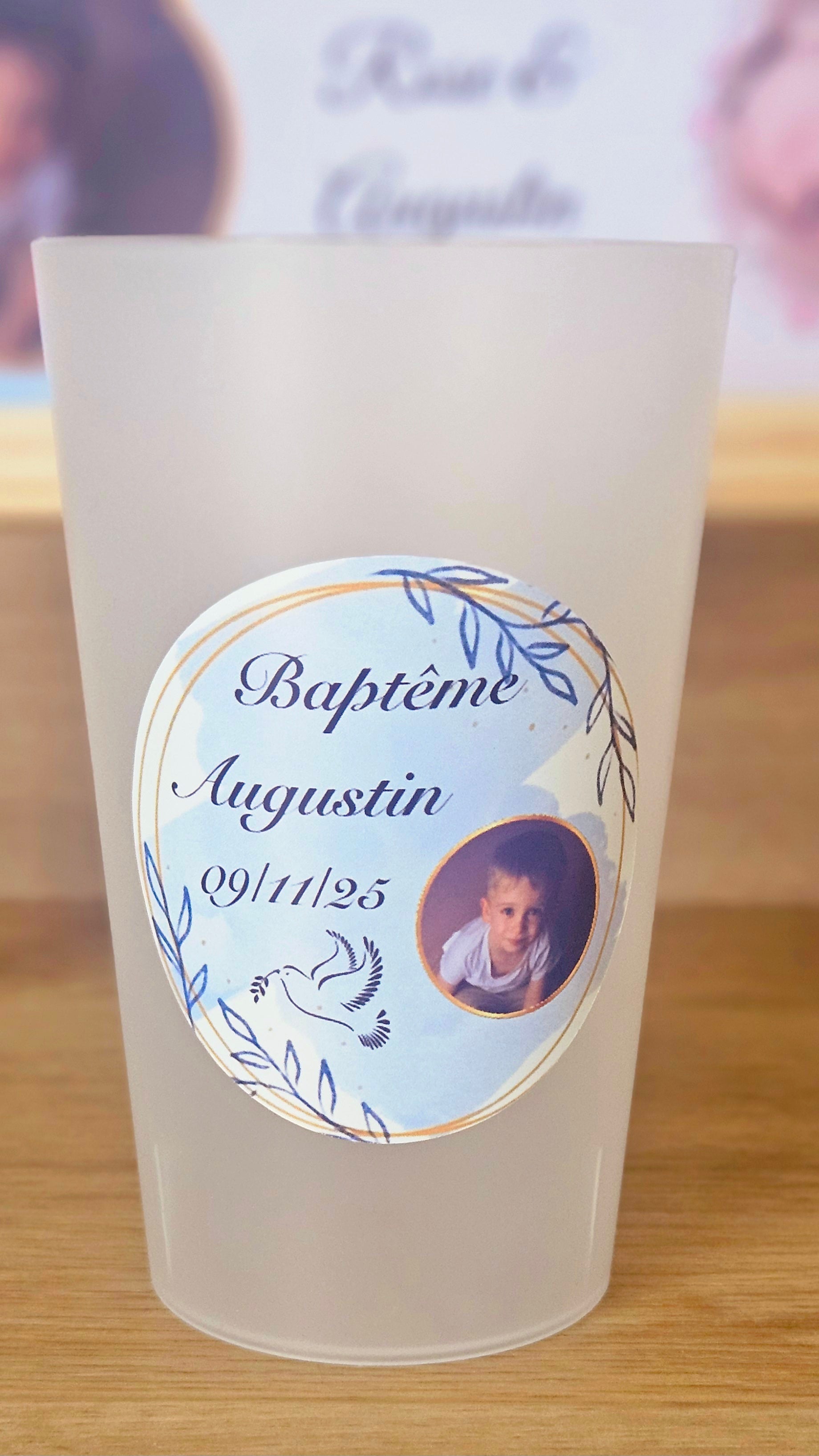 Gobelet baptême – Thème bleu, colombe & photo personnalisée 🕊️💙