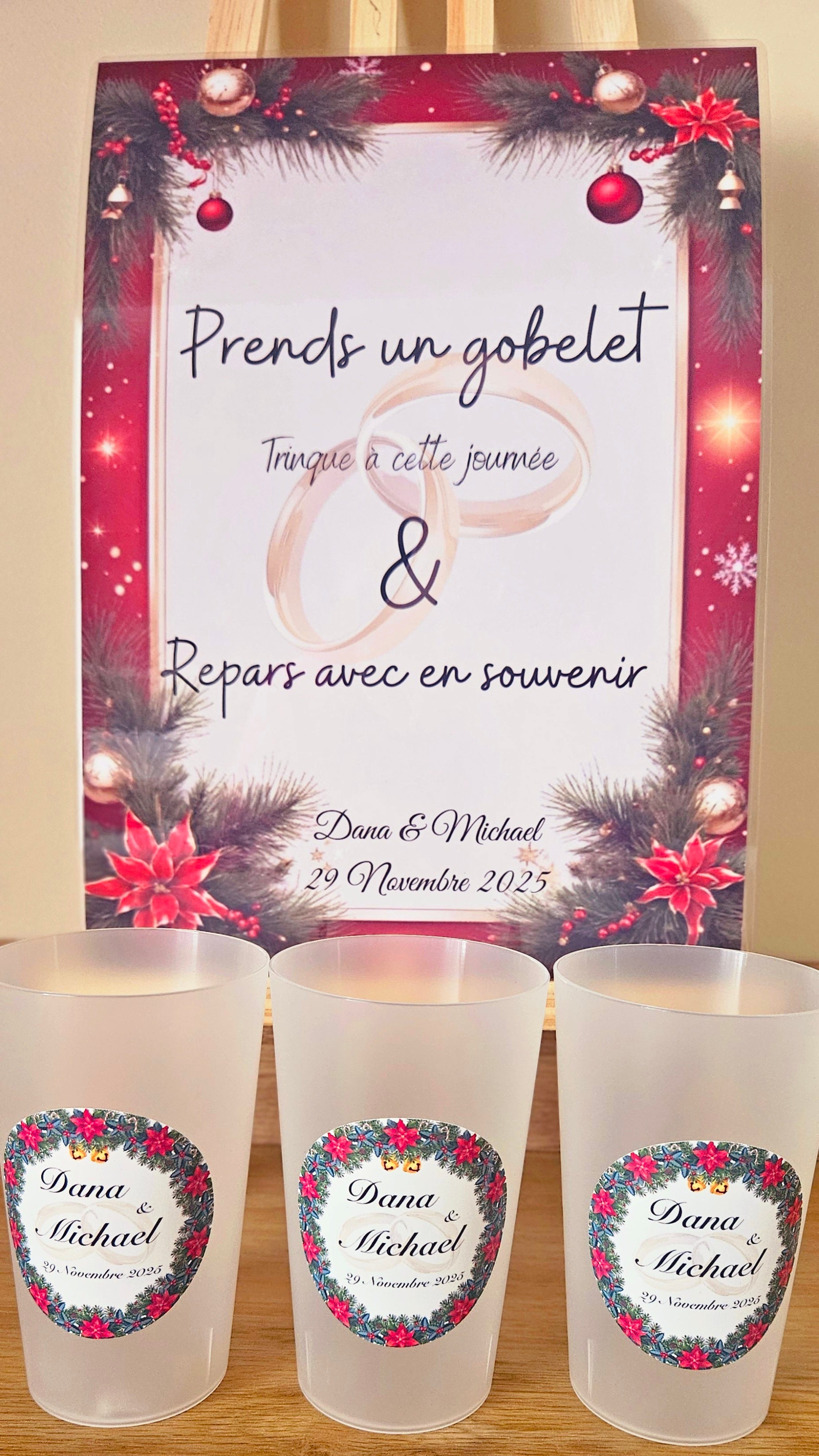Gobelet mariage – Thème hiver & couronne de Noël ❄️❤️