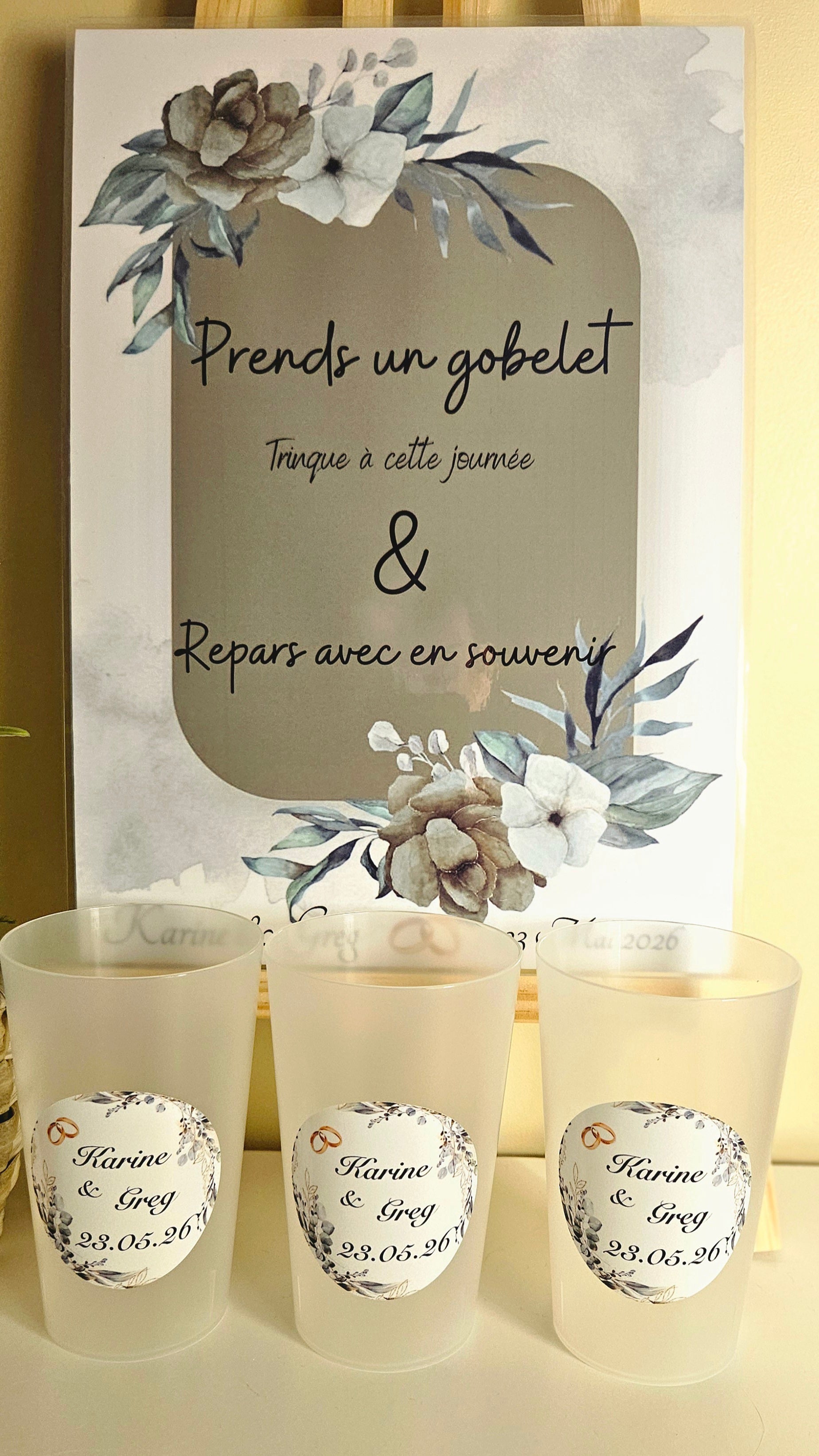 Gobelet mariage – Couronne florale eucalyptus & tons naturels 🤍✨