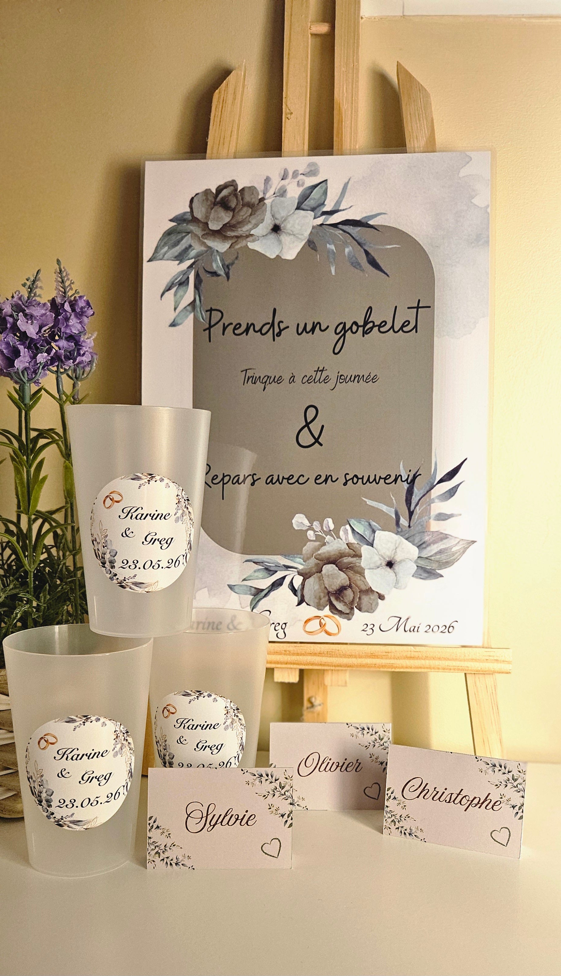 Gobelet mariage – Couronne florale eucalyptus & tons naturels 🤍✨